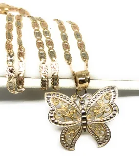 10k Solid Gold 2-Tone Butterfly Pendant Necklace Valentina Chain (SM, MED)