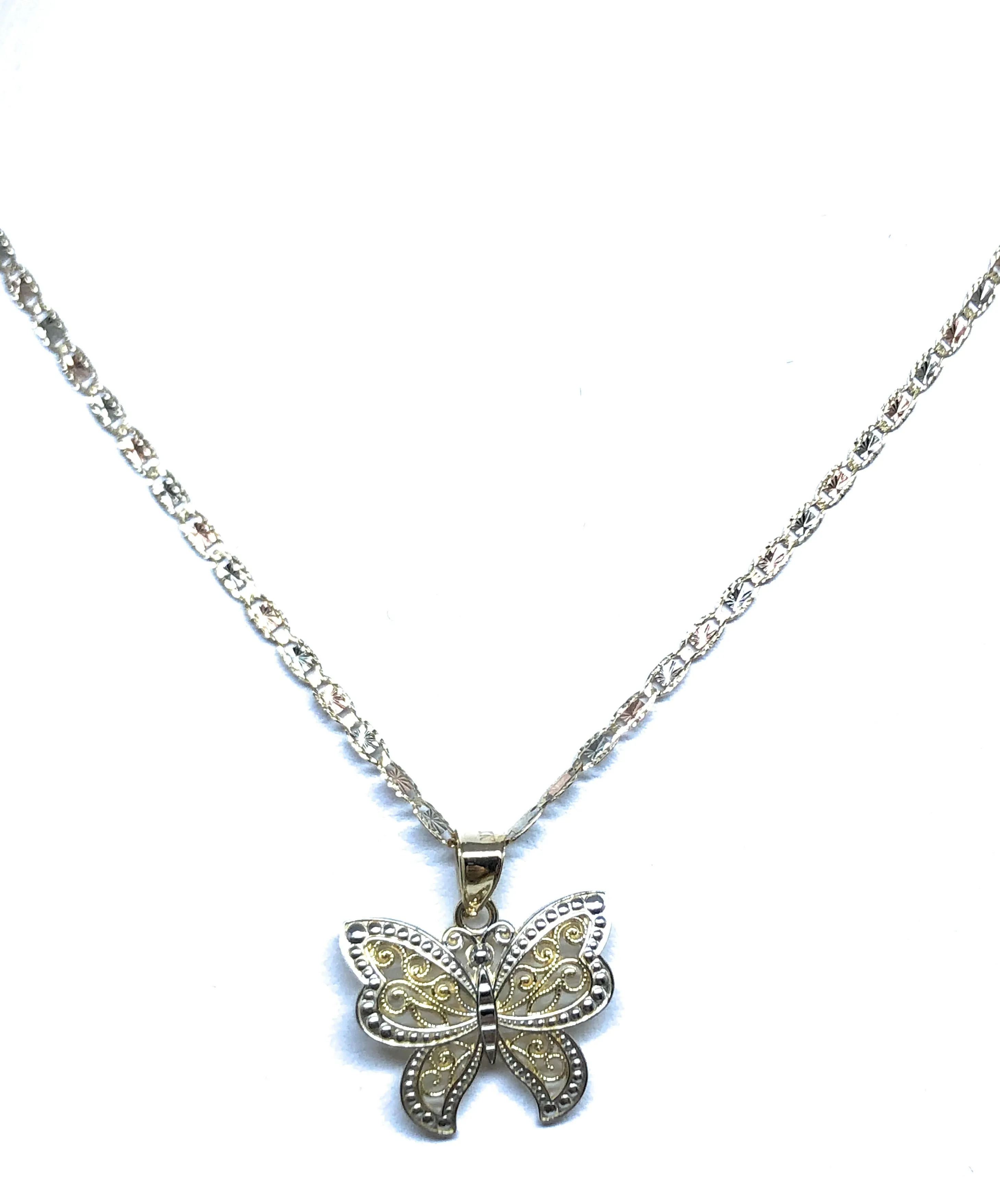 10k Solid Gold 2-Tone Butterfly Pendant Necklace Valentina Chain (SM, MED)