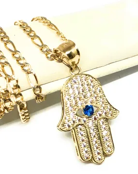 10k Solid Gold Hamsa Hand Pendant CZ Necklace Figaro Chain (SM, MED)