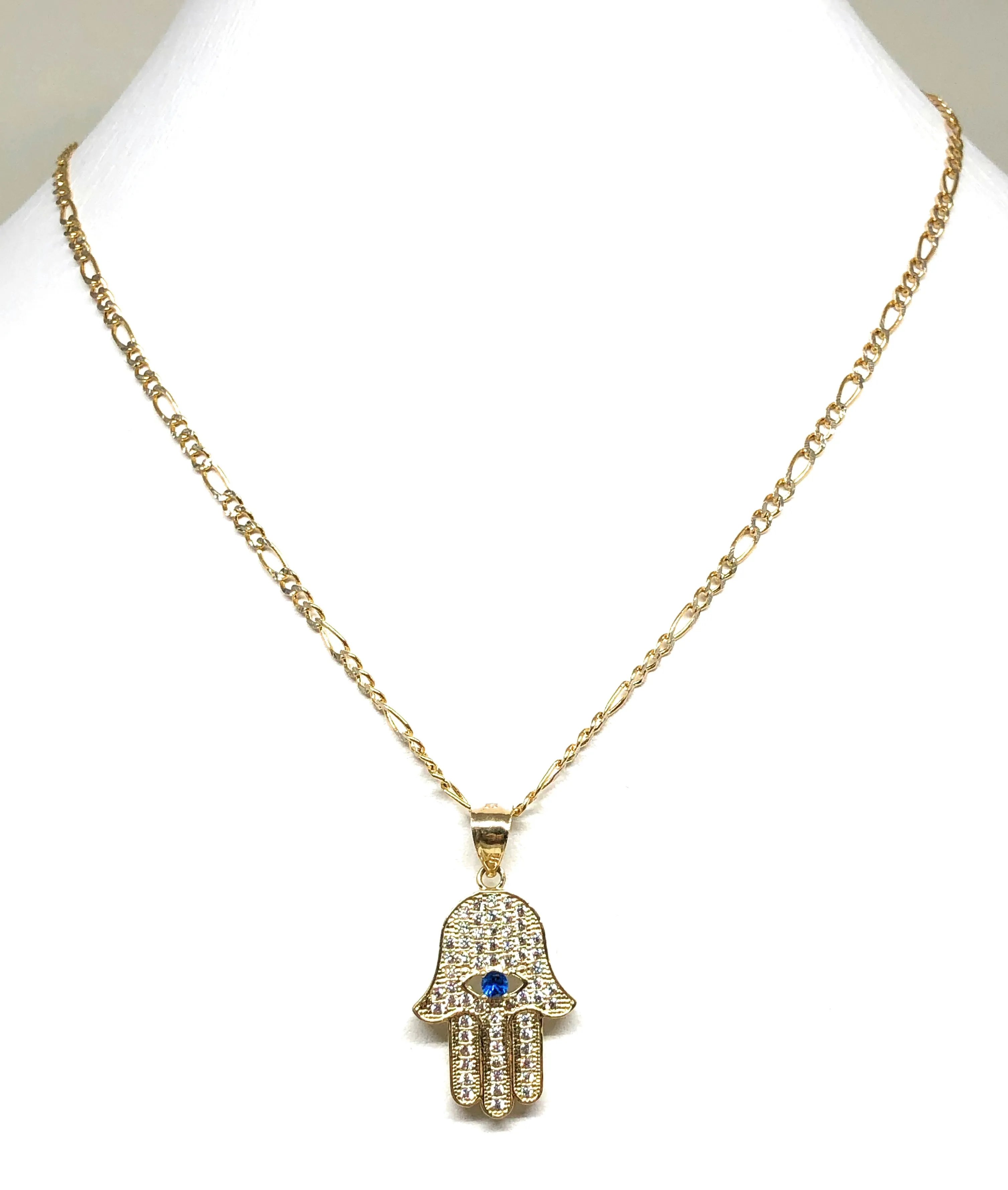 10k Solid Gold Hamsa Hand Pendant CZ Necklace Figaro Chain (SM, MED)