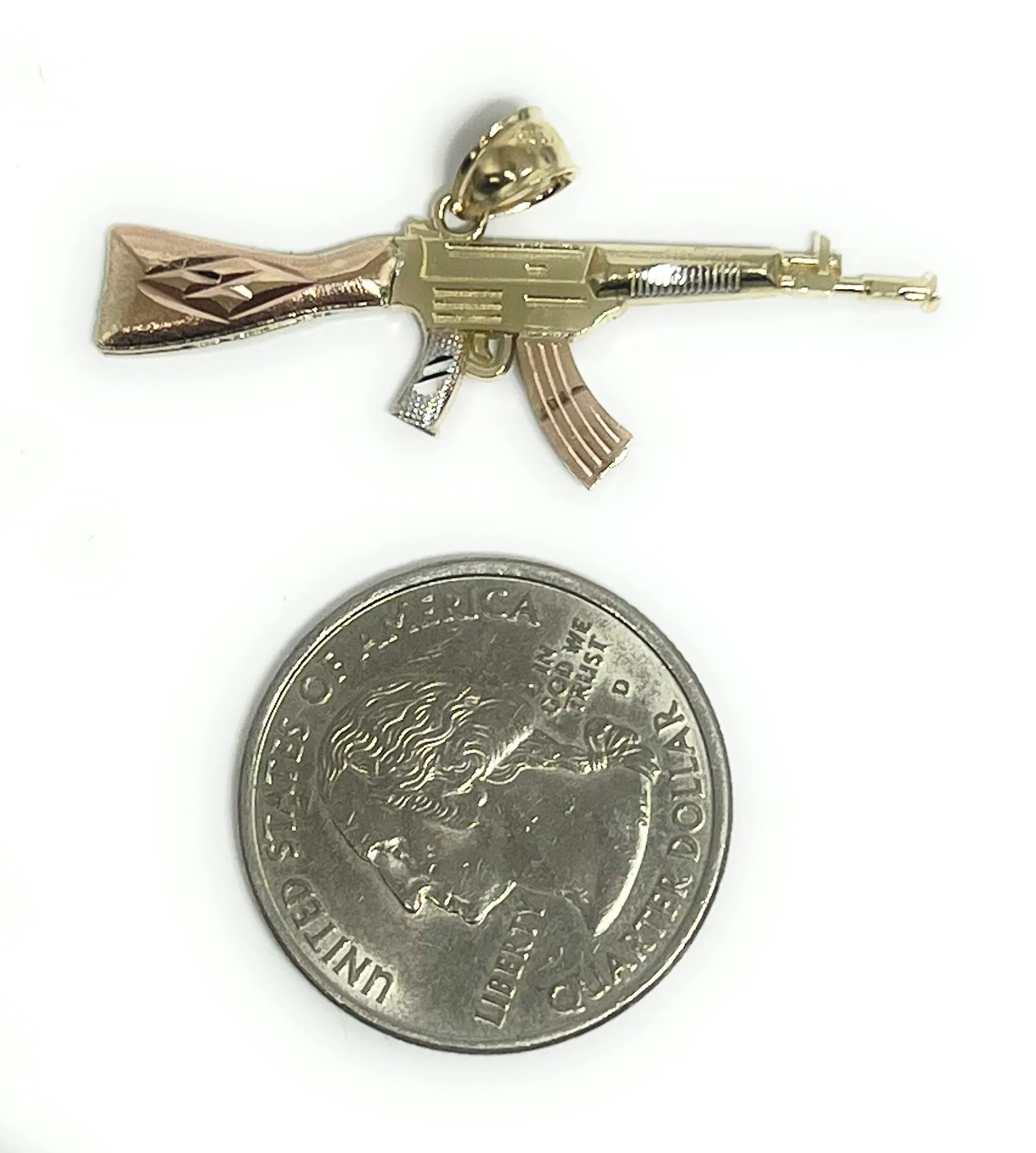 10k Solid Gold Tri-Color Machine Gun AK-47 Pendant Necklace (SM, MED)