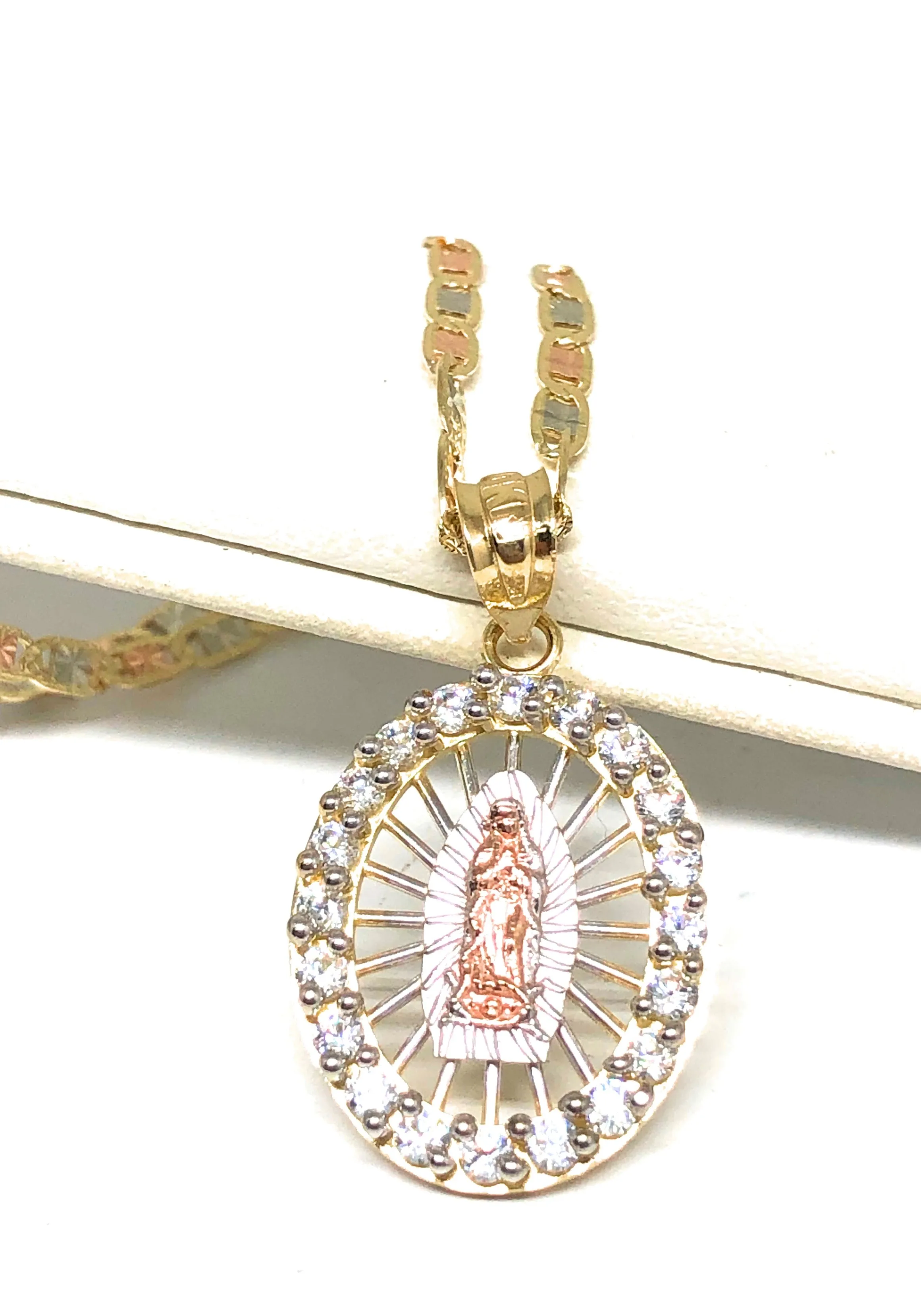 10k Solid Gold Tri-Color Virrgin Mary CZ Pendant Necklace Virrgen Gaudalupe Valentina Chain (SM,MED)