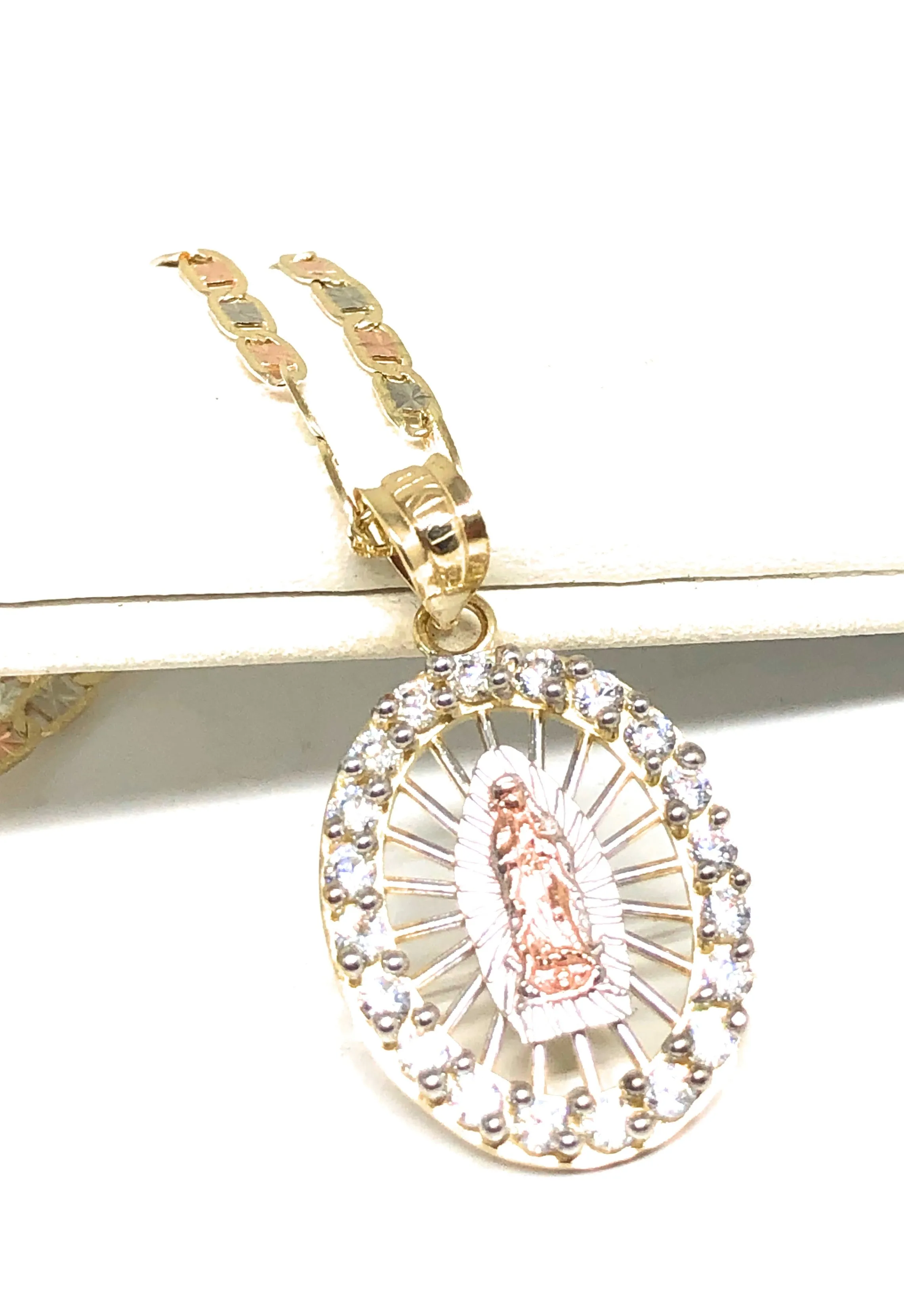 10k Solid Gold Tri-Color Virrgin Mary CZ Pendant Necklace Virrgen Gaudalupe Valentina Chain (SM,MED)