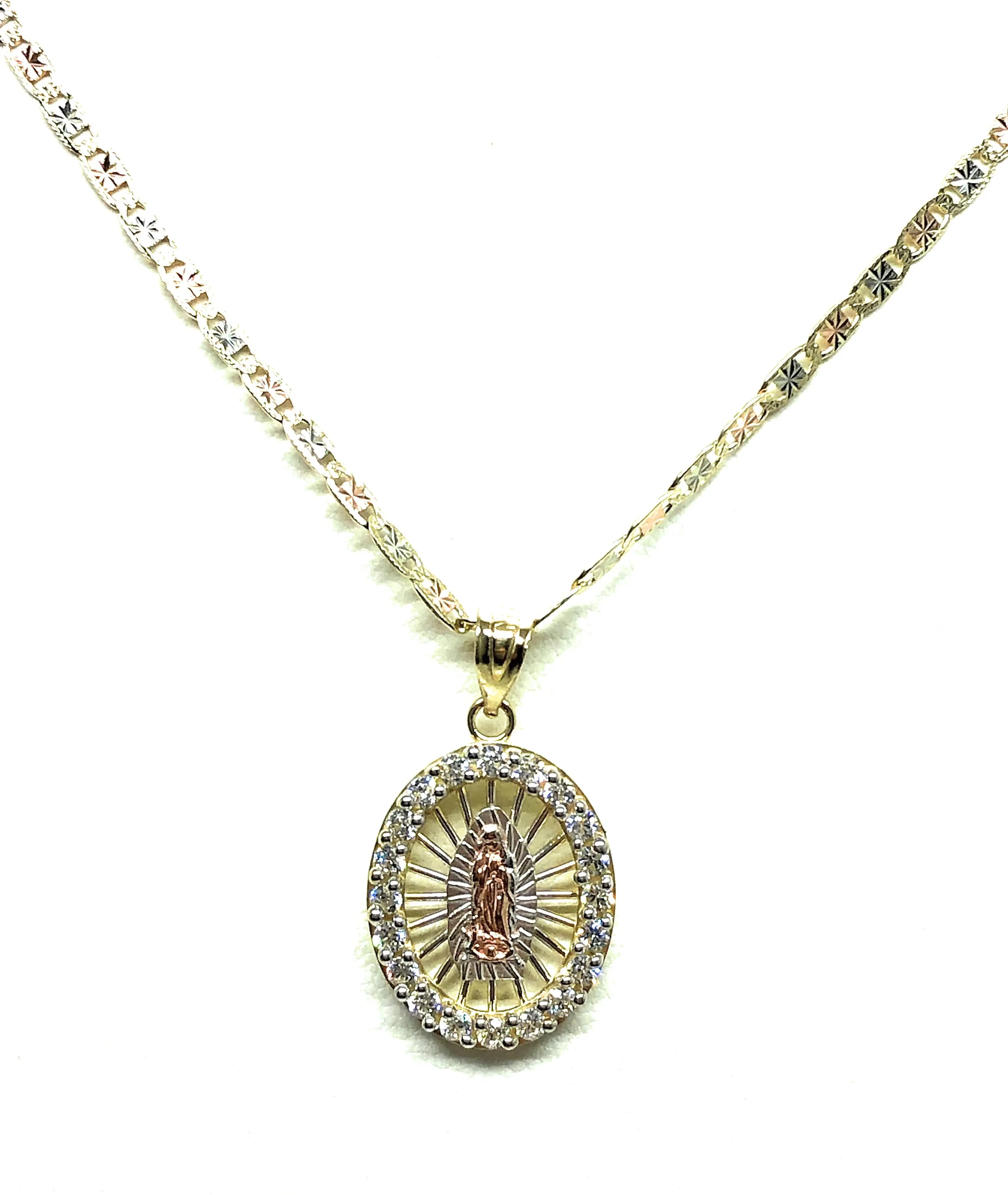 10k Solid Gold Tri-Color Virrgin Mary CZ Pendant Necklace Virrgen Gaudalupe Valentina Chain (SM,MED)