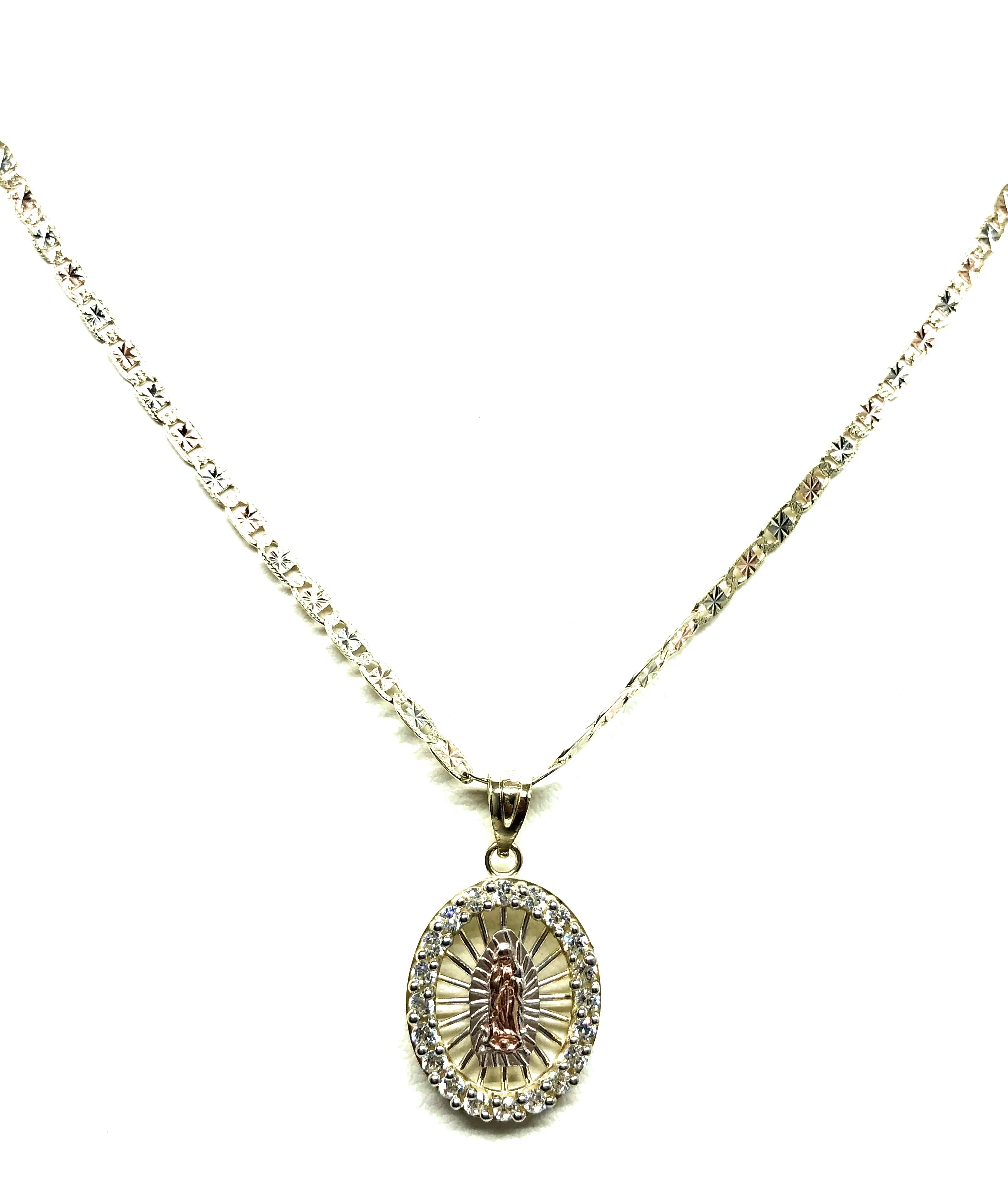 10k Solid Gold Tri-Color Virrgin Mary CZ Pendant Necklace Virrgen Gaudalupe Valentina Chain (SM,MED)