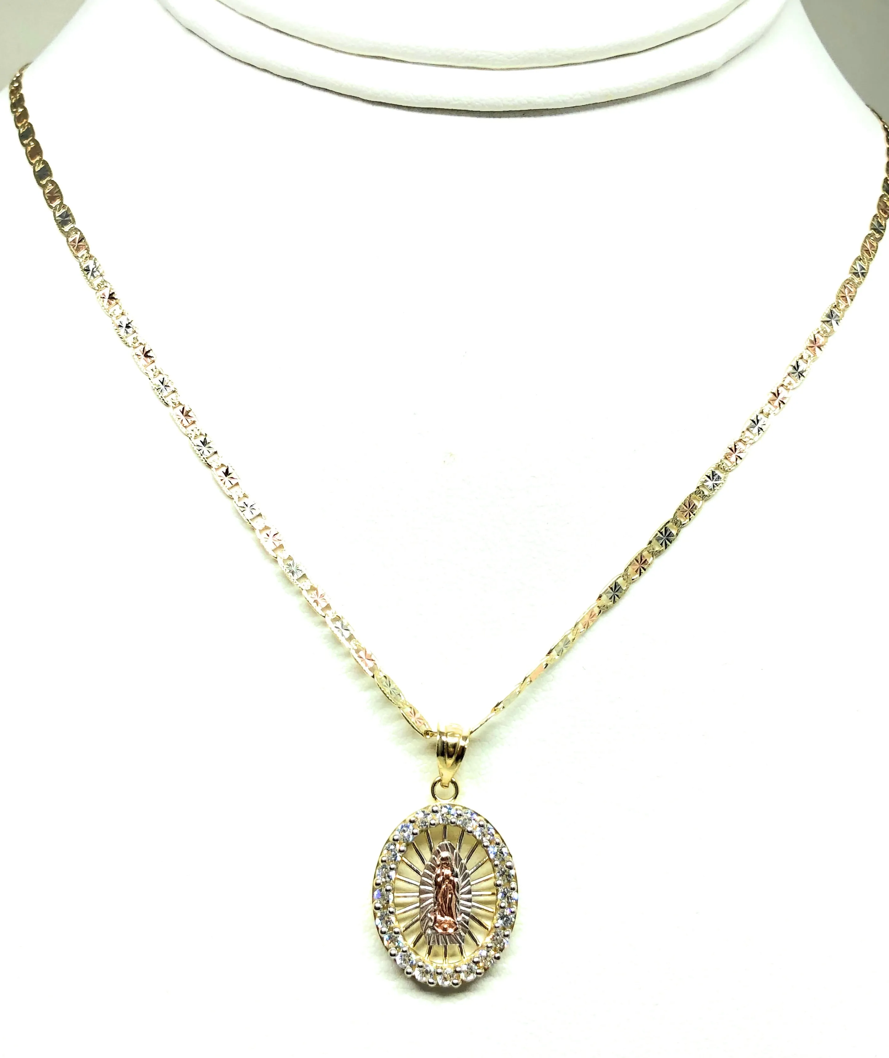 10k Solid Gold Tri-Color Virrgin Mary CZ Pendant Necklace Virrgen Gaudalupe Valentina Chain (SM,MED)