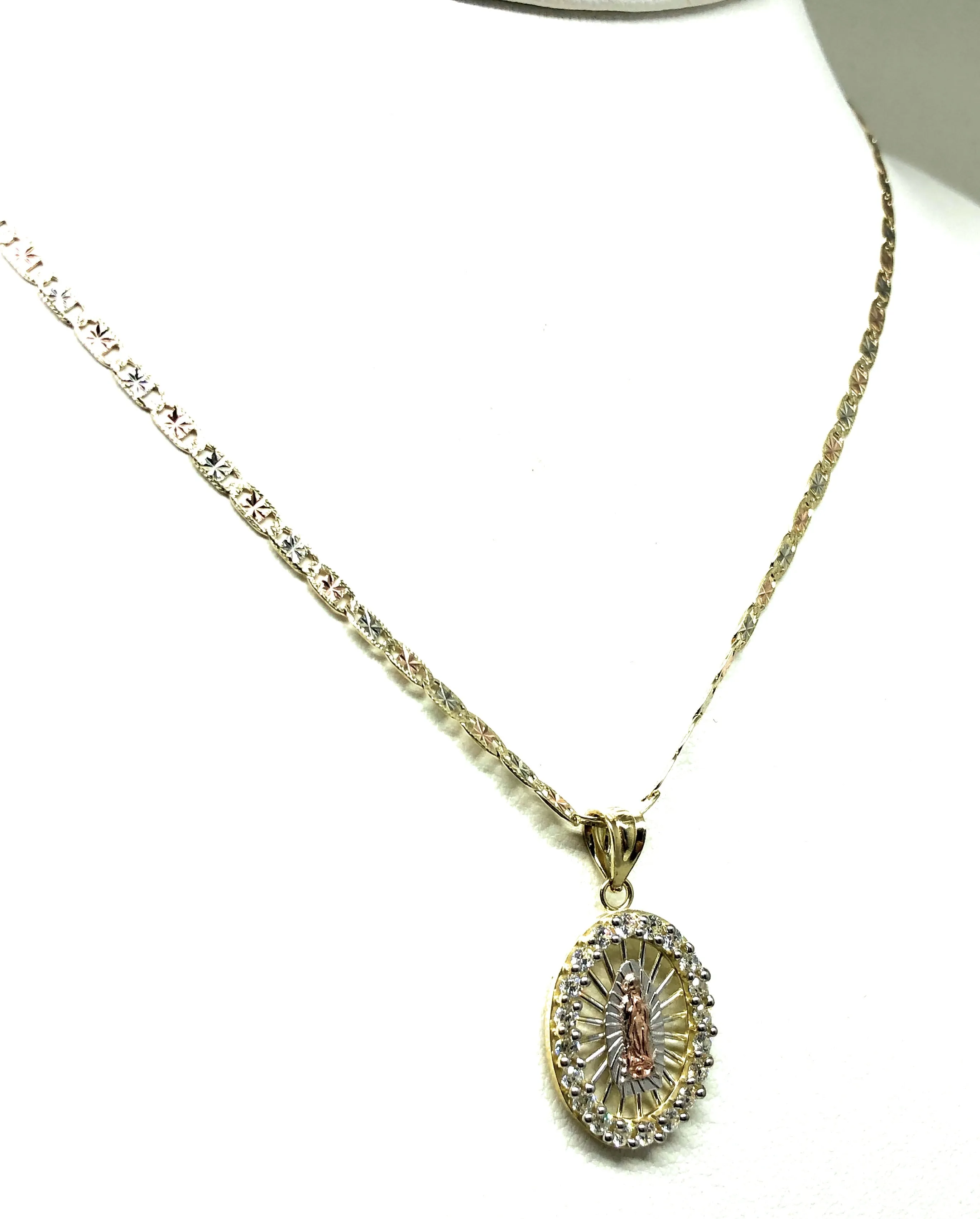 10k Solid Gold Tri-Color Virrgin Mary CZ Pendant Necklace Virrgen Gaudalupe Valentina Chain (SM,MED)