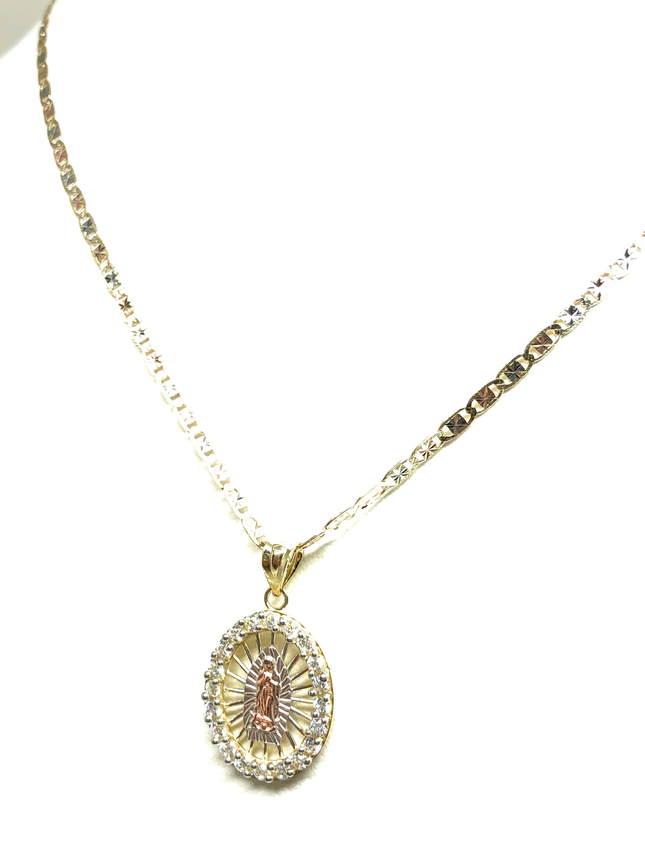 10k Solid Gold Tri-Color Virrgin Mary CZ Pendant Necklace Virrgen Gaudalupe Valentina Chain (SM,MED)