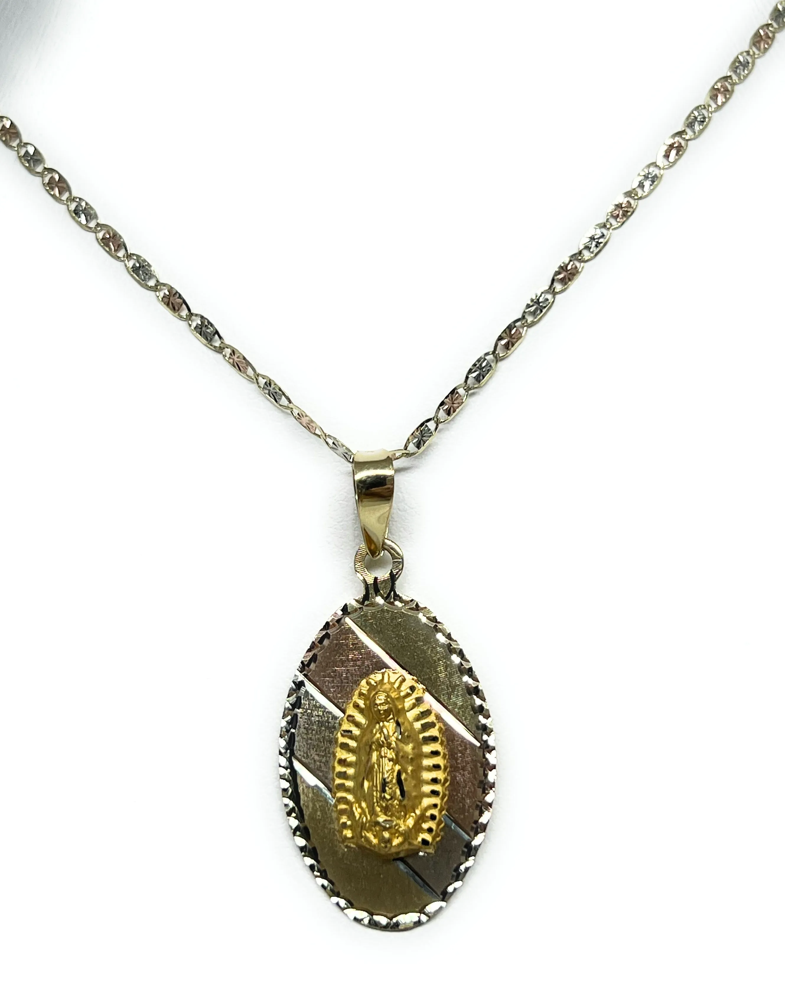 10K SOLID GOLD TRI-COLOR VIRRGIN MARY OVAL PENDANT NECKLACE VIRRGEN GAUDALUPE (MADE IN MX) (SM, MED)