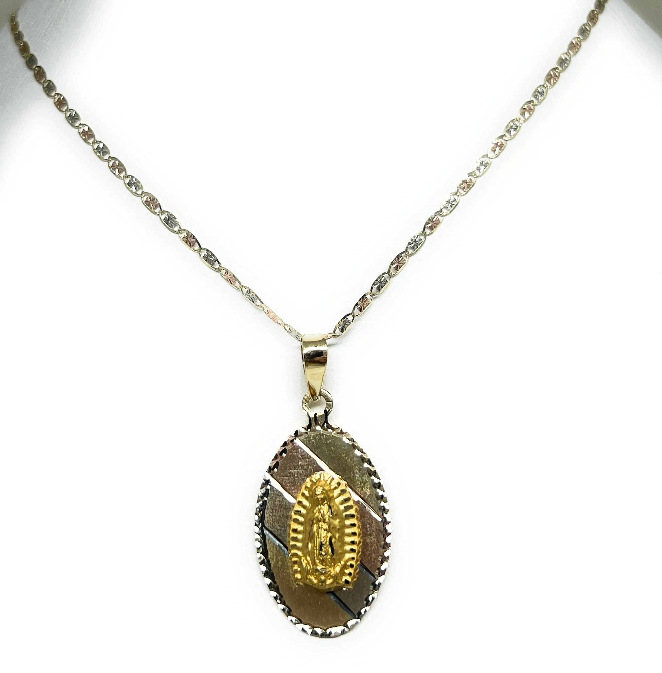 10K SOLID GOLD TRI-COLOR VIRRGIN MARY OVAL PENDANT NECKLACE VIRRGEN GAUDALUPE (MADE IN MX) (SM, MED)