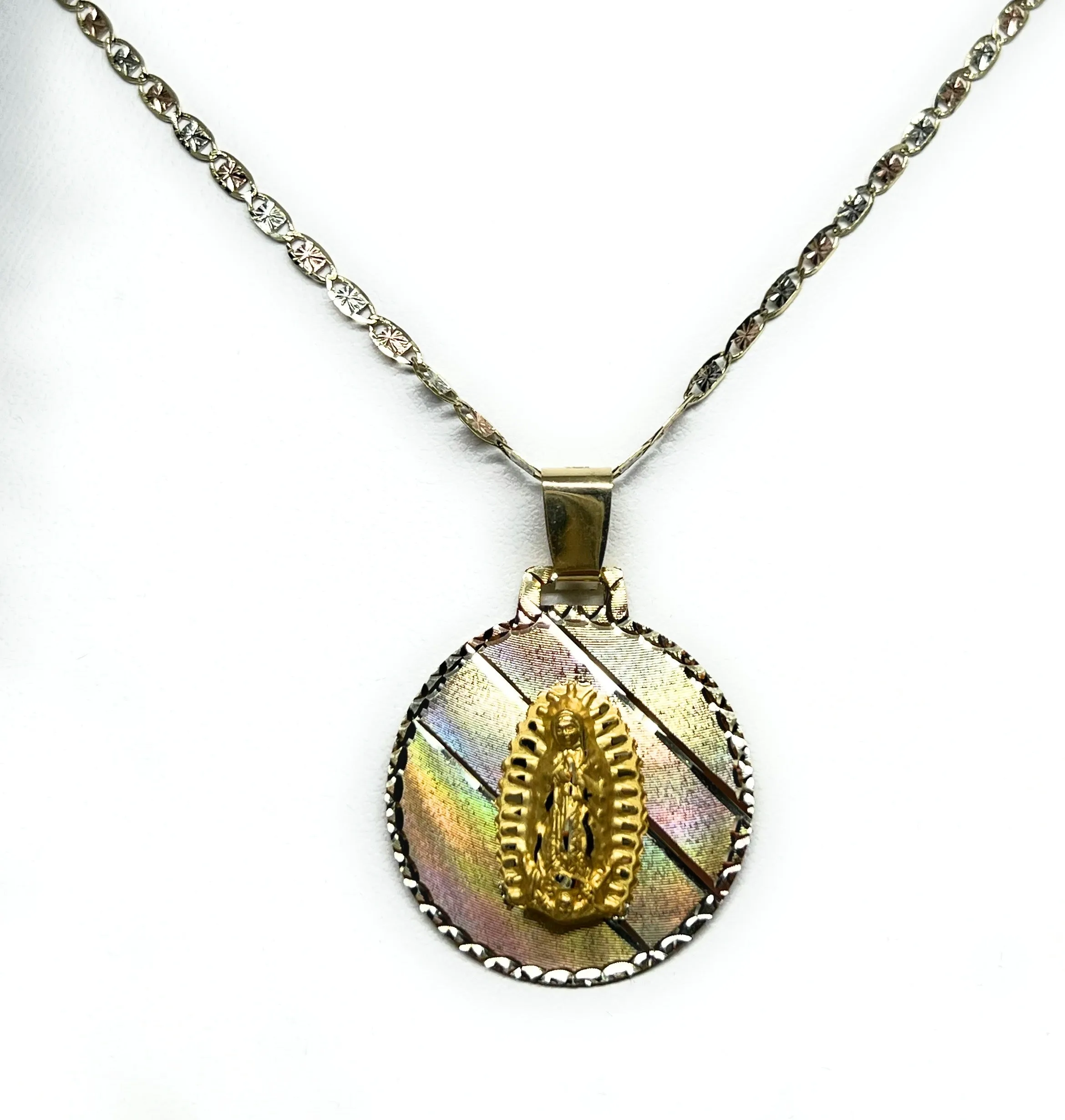 10k Solid Gold Tri-Color Virrgin Mary Pendant Necklace Virrgen Gaudalupe Valentina Chain (SM,MED) (MADE IN MX)