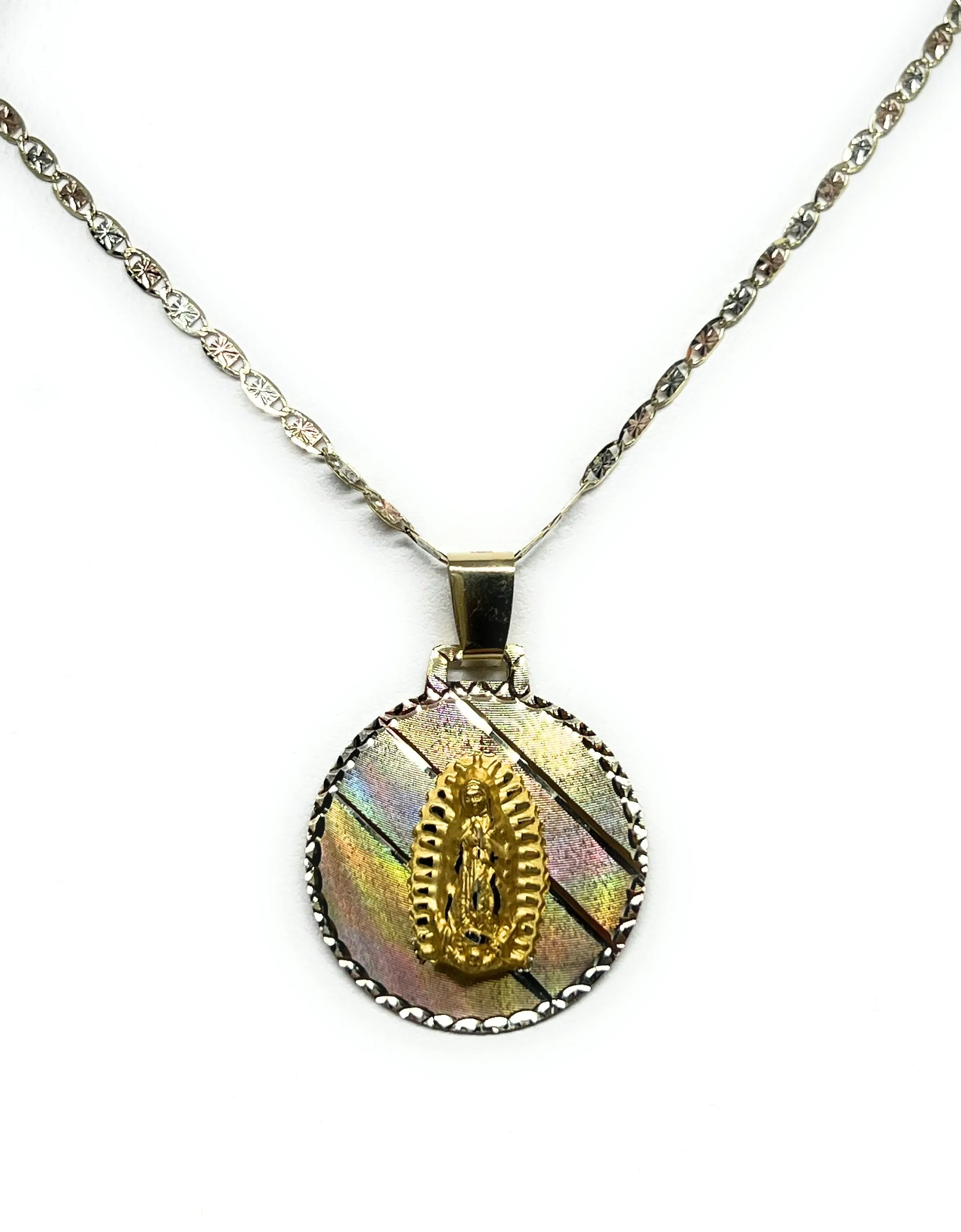 10k Solid Gold Tri-Color Virrgin Mary Pendant Necklace Virrgen Gaudalupe Valentina Chain (SM,MED) (MADE IN MX)