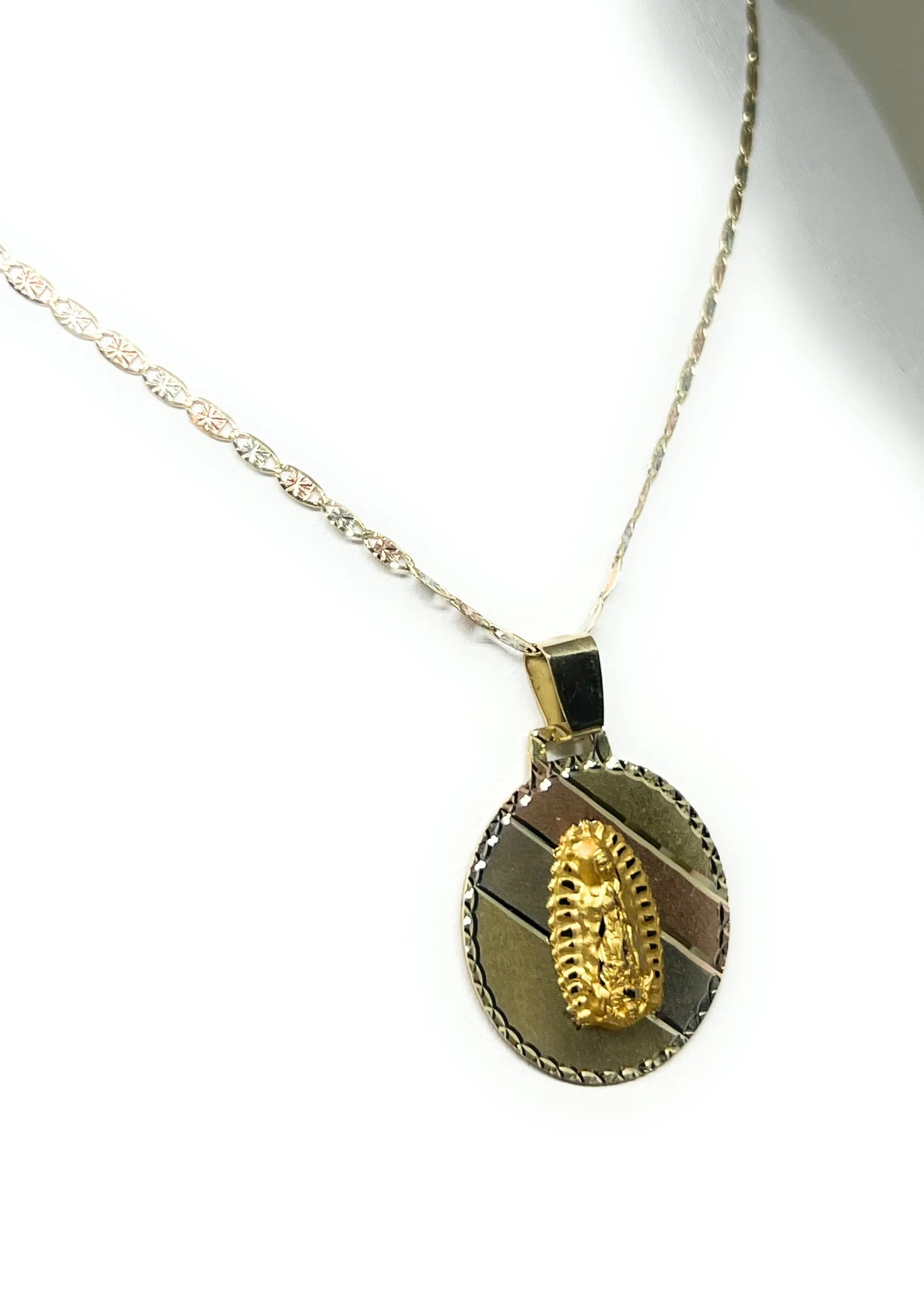 10k Solid Gold Tri-Color Virrgin Mary Pendant Necklace Virrgen Gaudalupe Valentina Chain (SM,MED) (MADE IN MX)