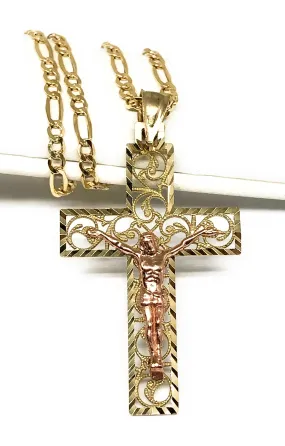 10k Solid Gold Yellow & Rose 2-Tone Filigran Jesus Cross Crucifix Pendant Necklace (SM, MED)