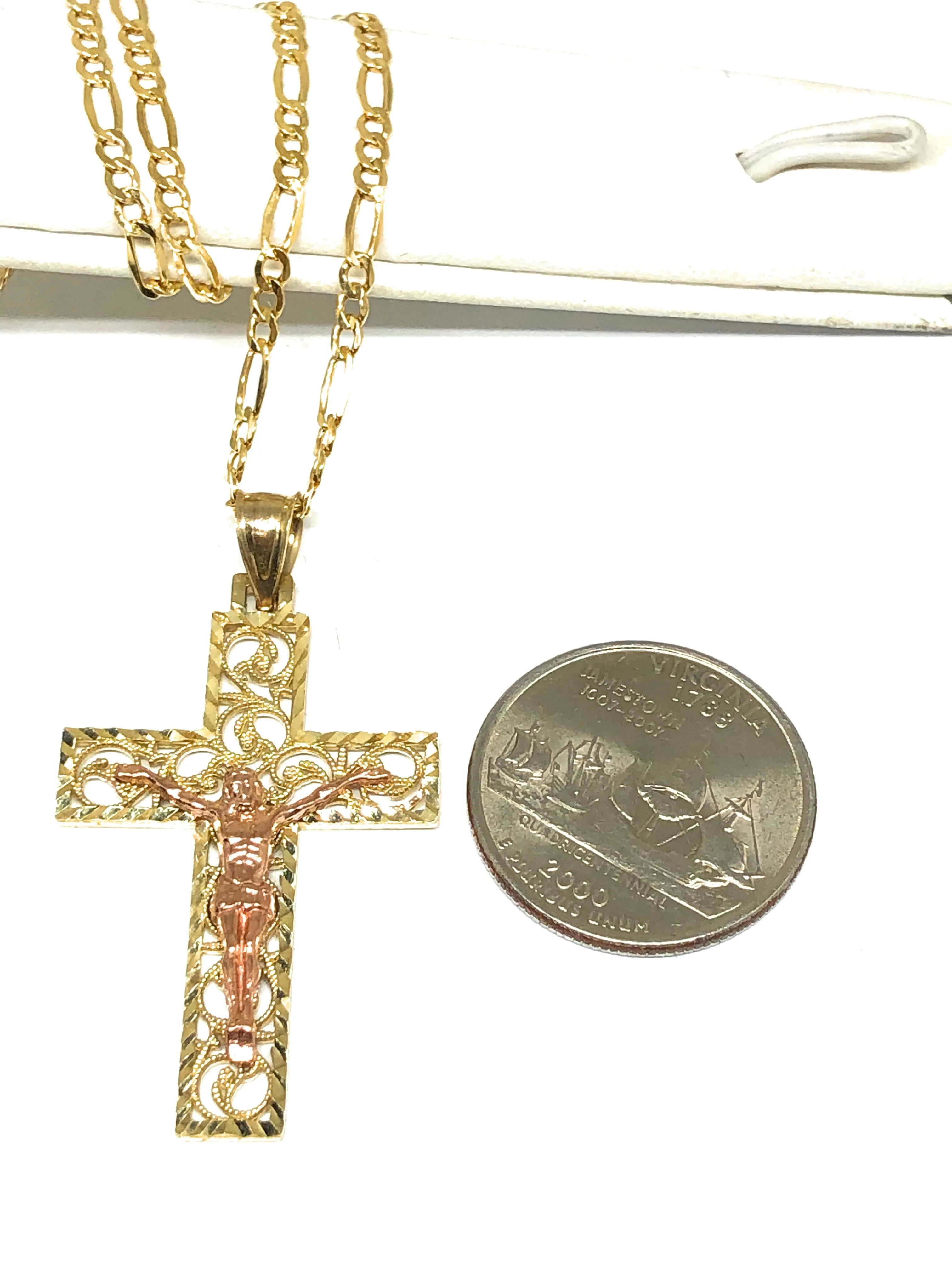 10k Solid Gold Yellow & Rose 2-Tone Filigran Jesus Cross Crucifix Pendant Necklace (SM, MED)