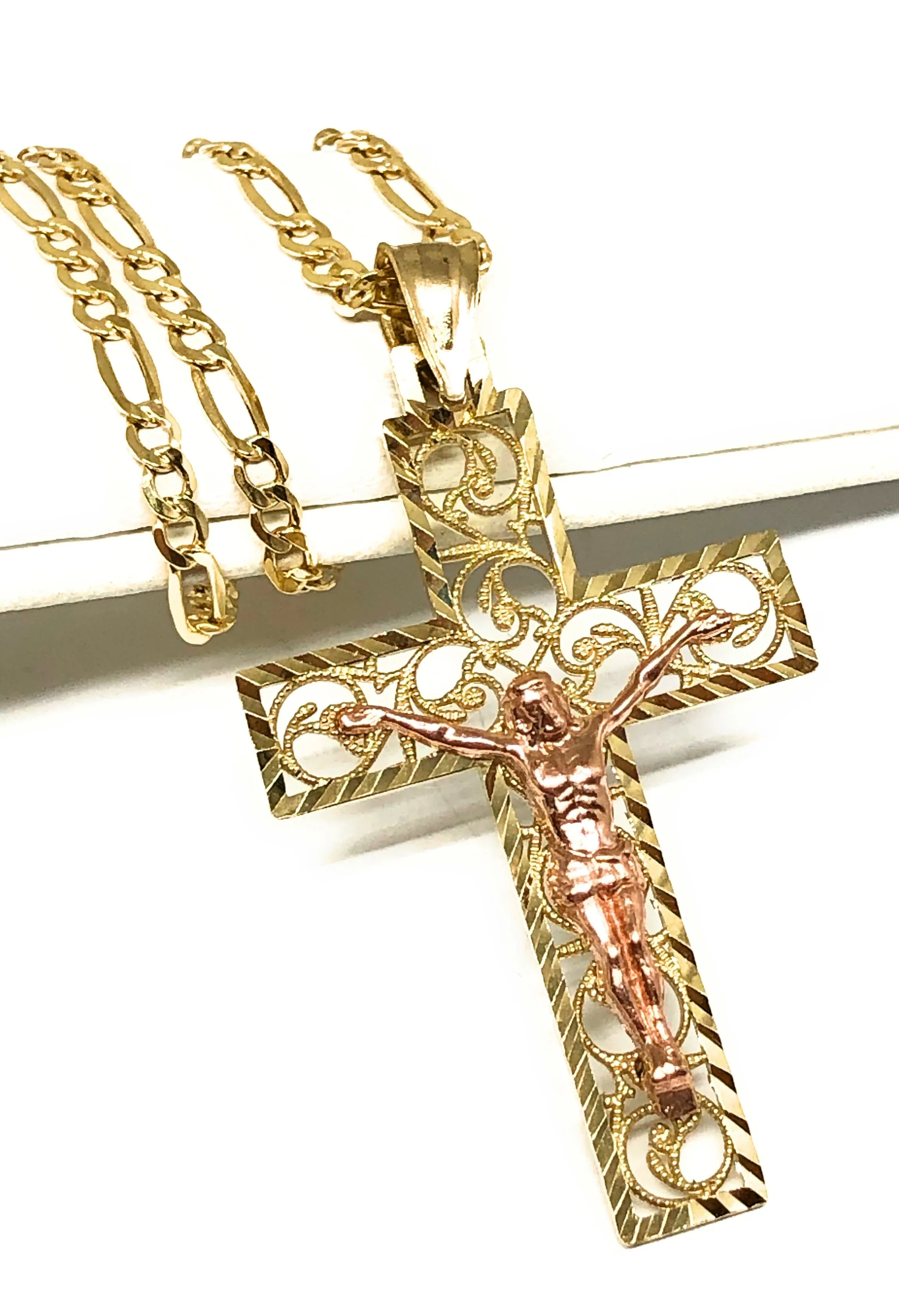 10k Solid Gold Yellow & Rose 2-Tone Filigran Jesus Cross Crucifix Pendant Necklace (SM, MED)