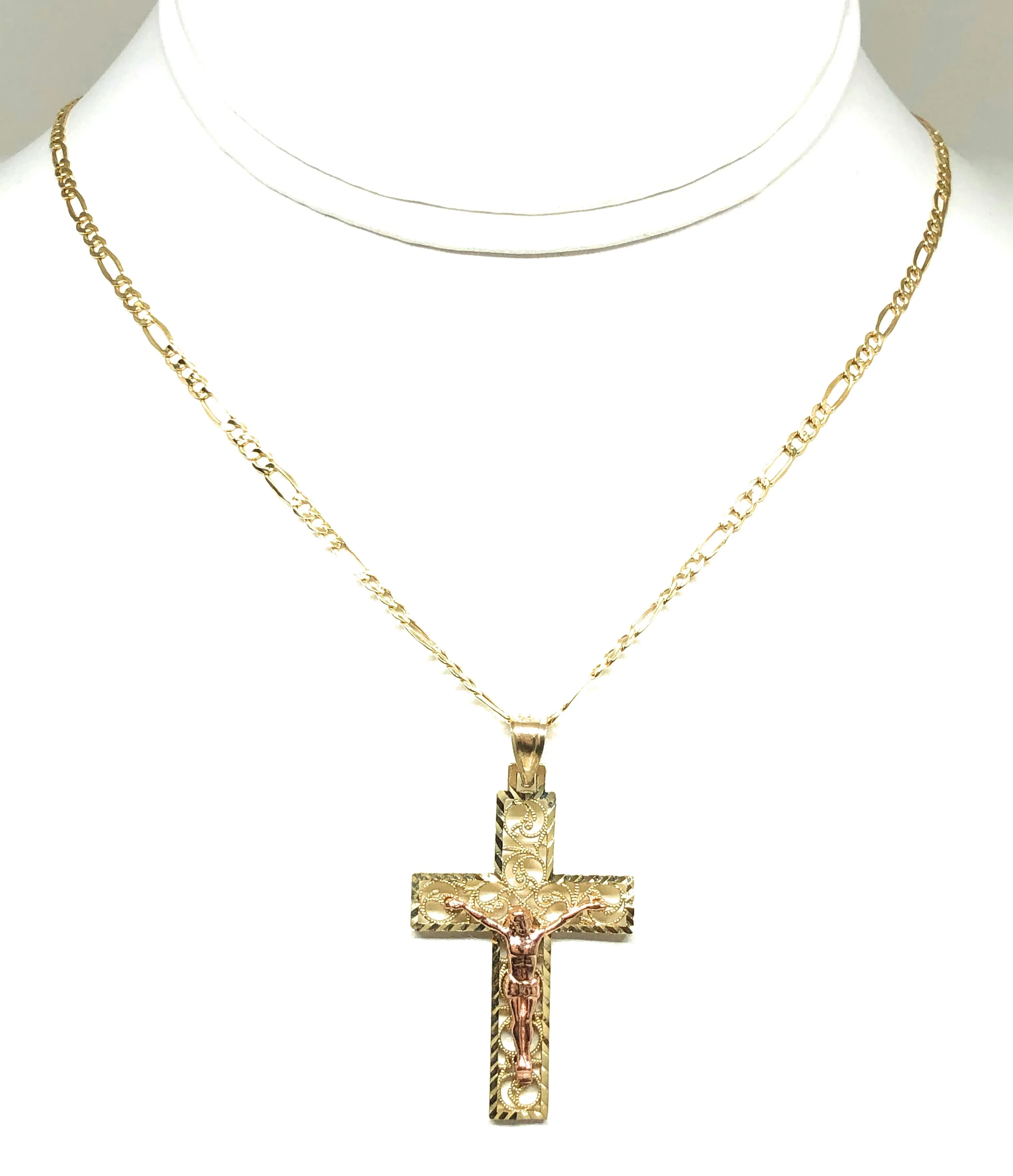 10k Solid Gold Yellow & Rose 2-Tone Filigran Jesus Cross Crucifix Pendant Necklace (SM, MED)