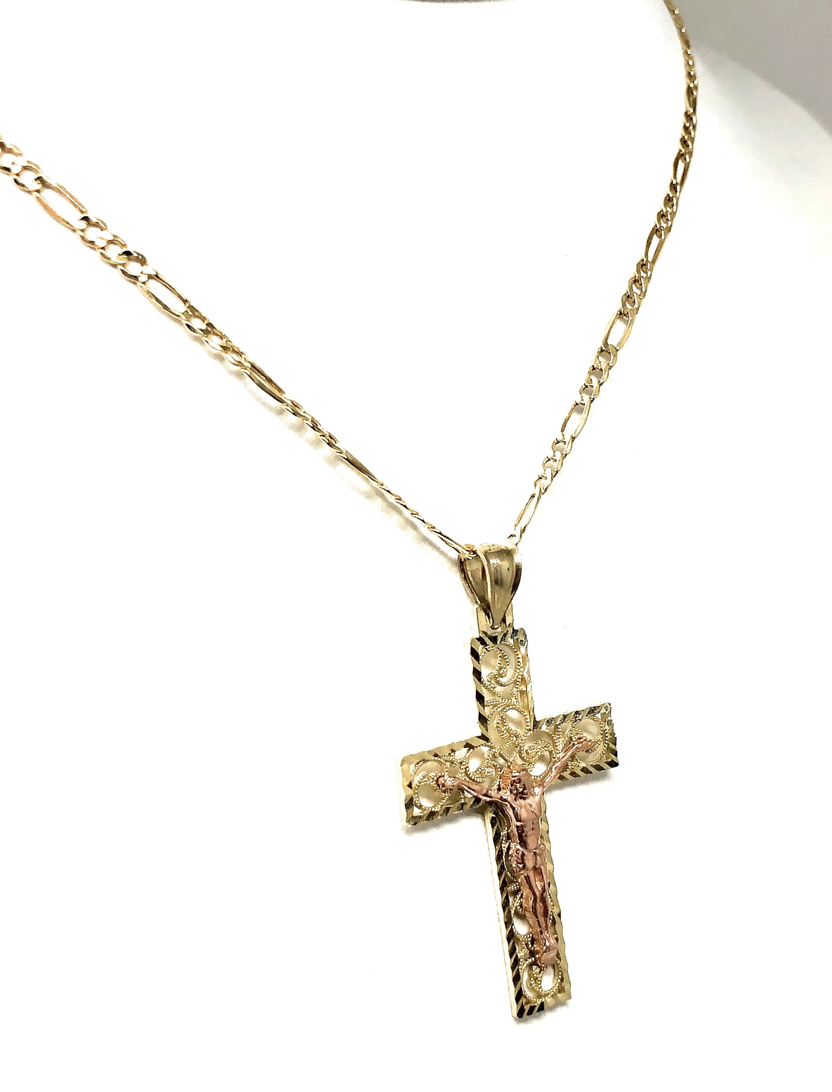 10k Solid Gold Yellow & Rose 2-Tone Filigran Jesus Cross Crucifix Pendant Necklace (SM, MED)