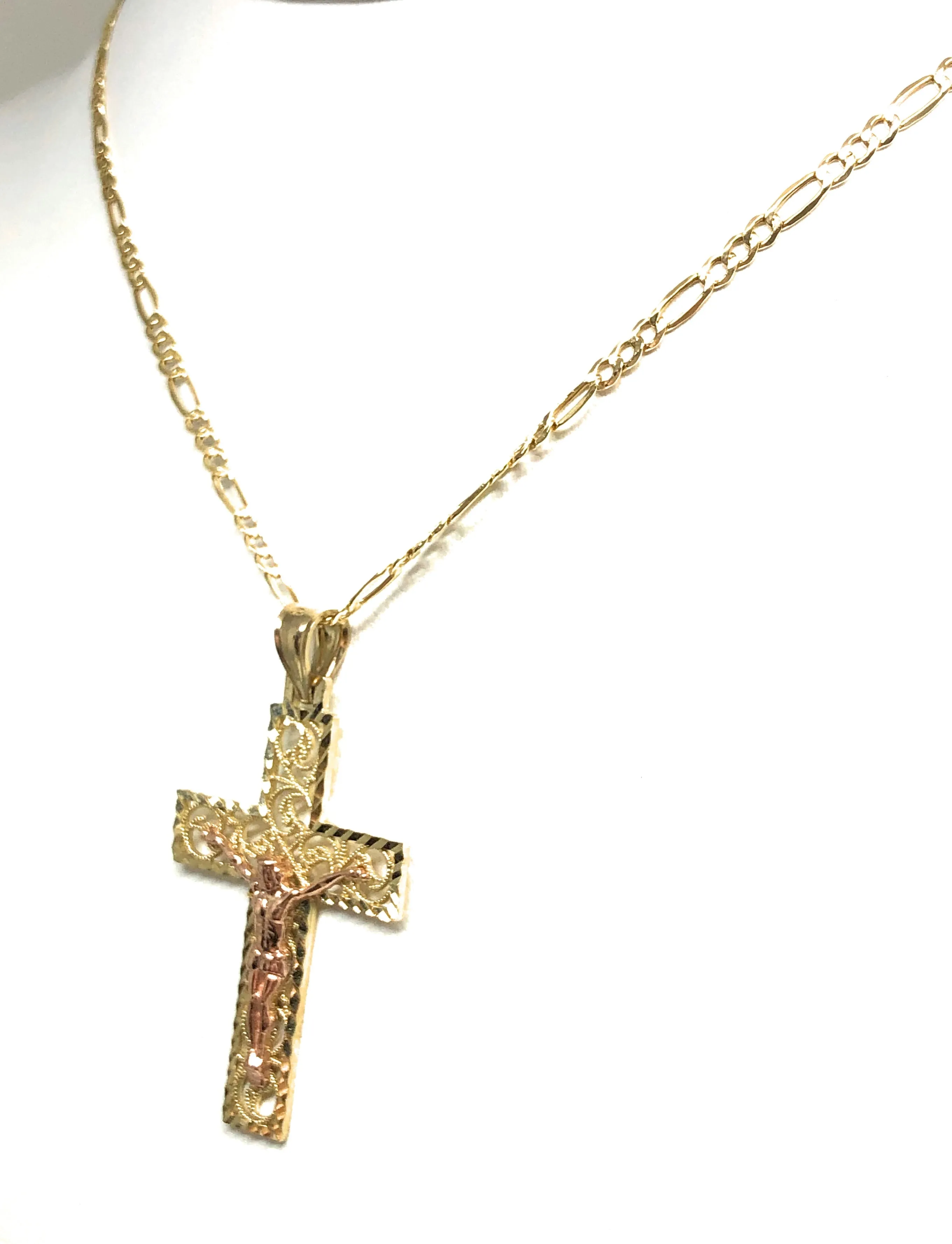 10k Solid Gold Yellow & Rose 2-Tone Filigran Jesus Cross Crucifix Pendant Necklace (SM, MED)