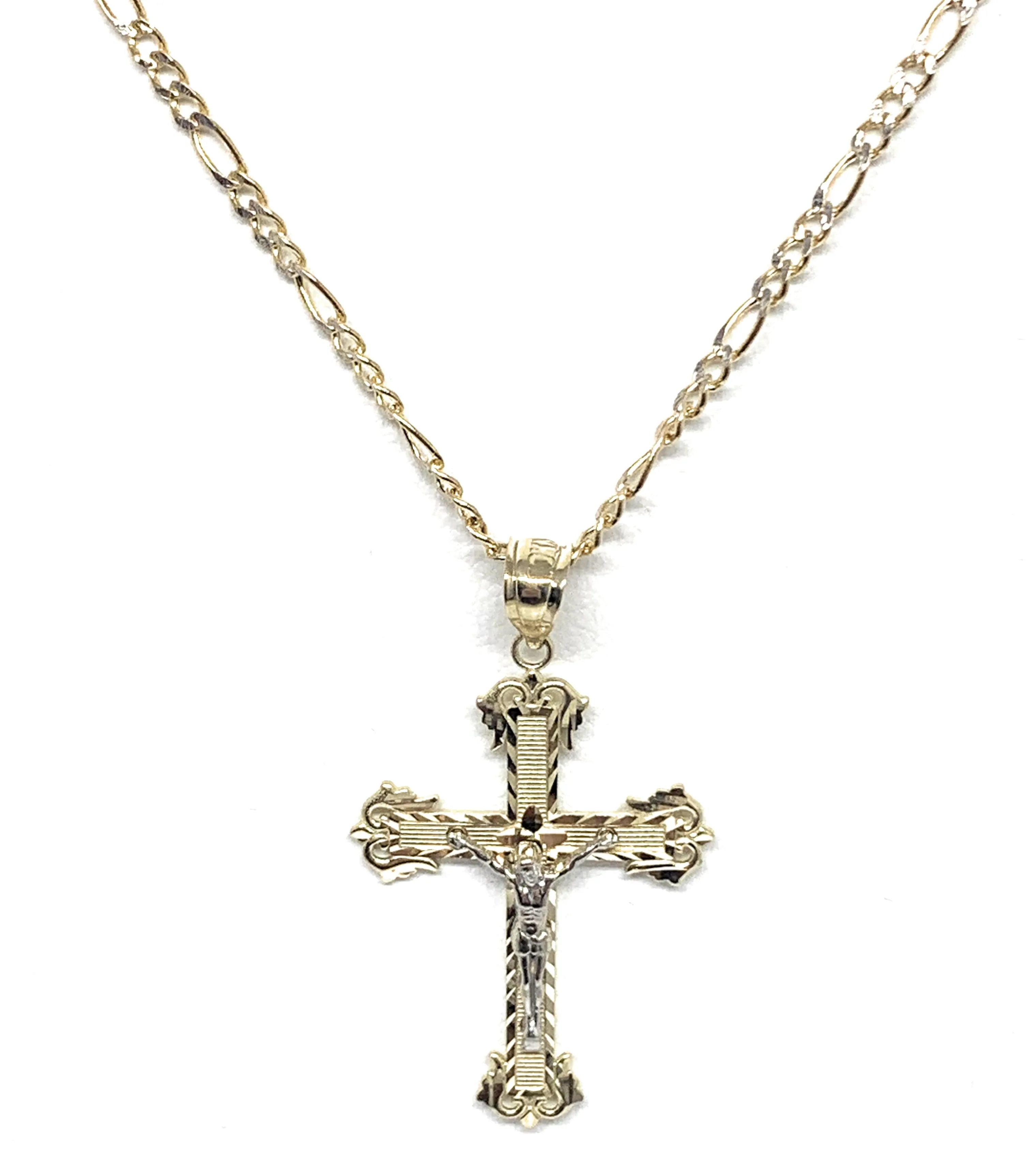 10k Solid Gold Yellow Classic 2-Tone Jesus Cross Crucifix Pendant Necklace (SM, MED)