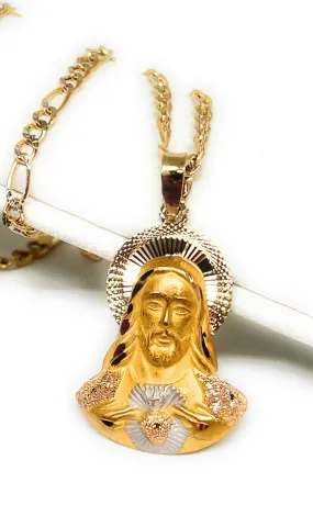 10k Solid Gold Yellow Jesus Sagrado Corazon Pendant Necklace (SM,MED) (MADE IN MX)