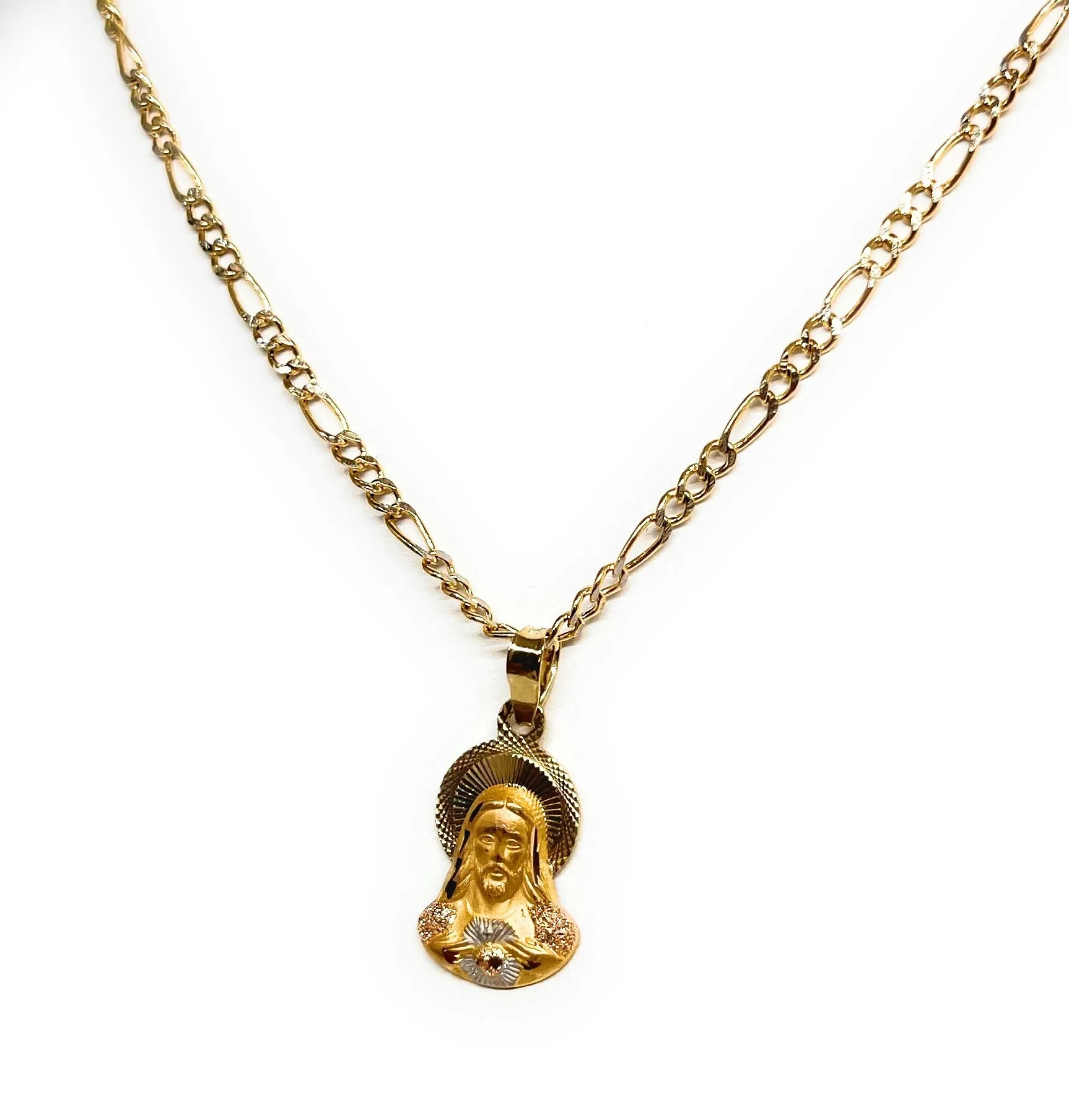 10k Solid Gold Yellow Jesus Sagrado Corazon Pendant Necklace (SM,MED) (MADE IN MX)