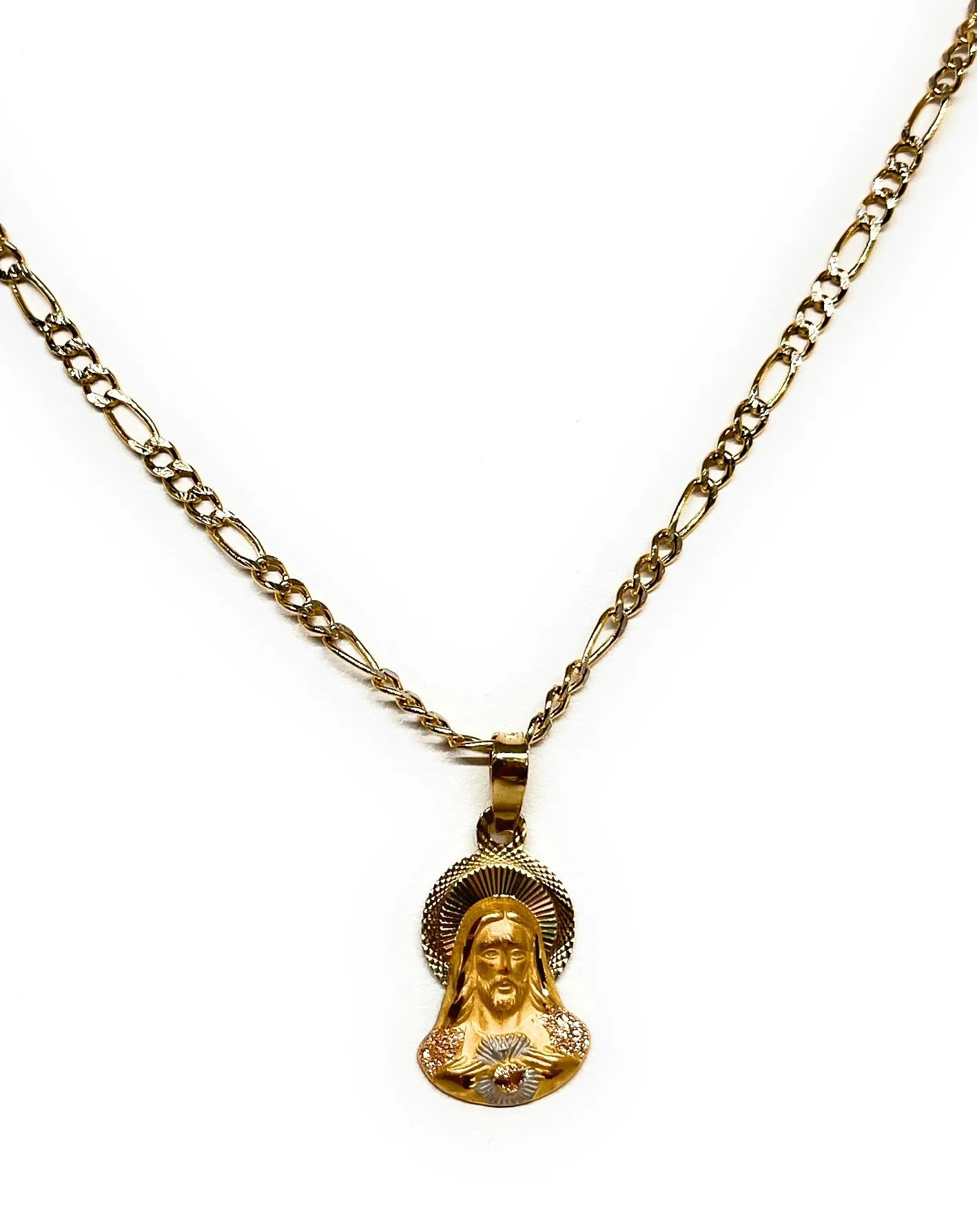 10k Solid Gold Yellow Jesus Sagrado Corazon Pendant Necklace (SM,MED) (MADE IN MX)