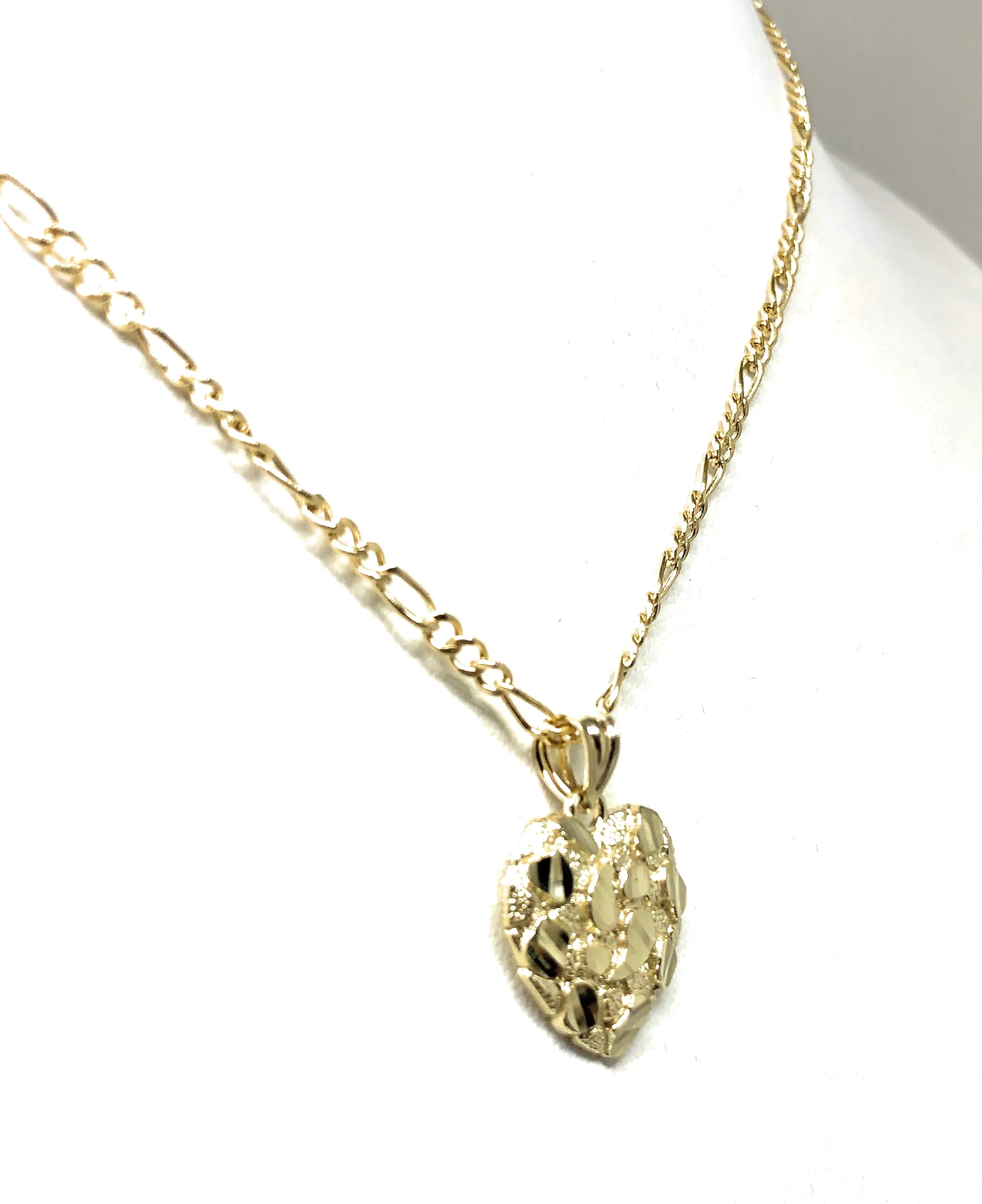 10k Solid Gold Yellow Nugget Heart Pendant Necklace Figaro Chain (SM, MED)