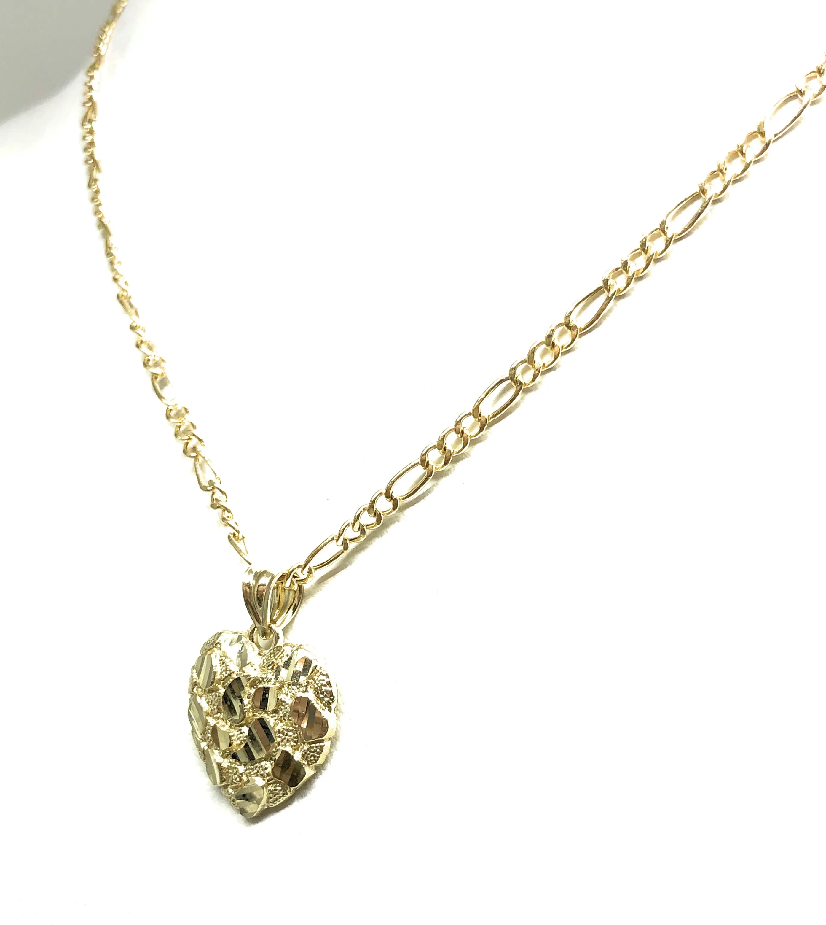 10k Solid Gold Yellow Nugget Heart Pendant Necklace Figaro Chain (SM, MED)