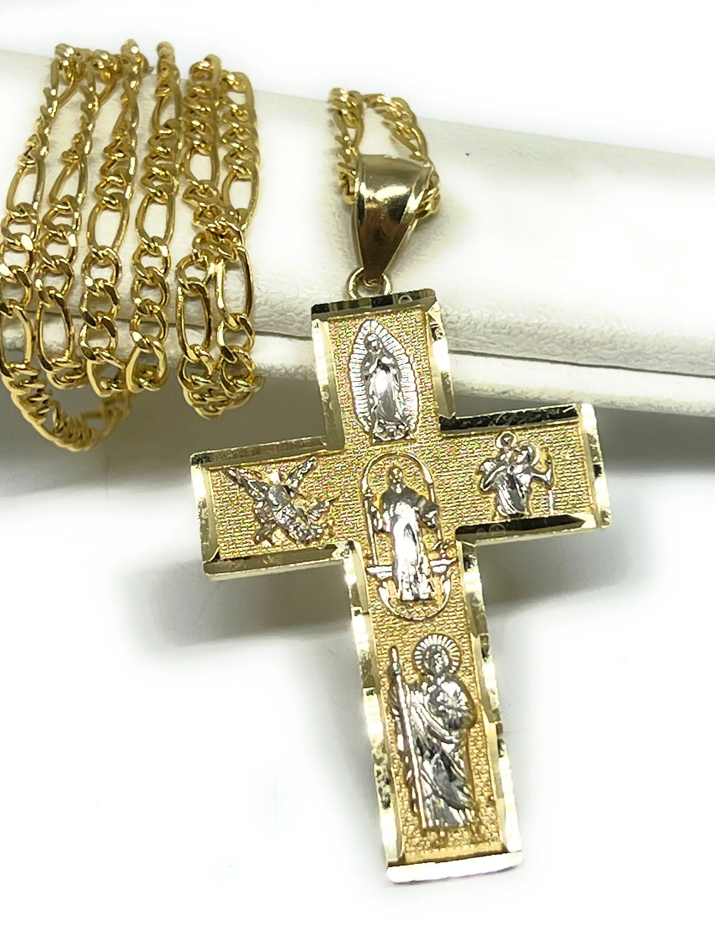 14k Solid Gold 2-Tone 5 Way Pendant Necklace Virrgin Mary, Sann Bennito, St. Michael, Saan Judas, Nino Dios (SM, MED)