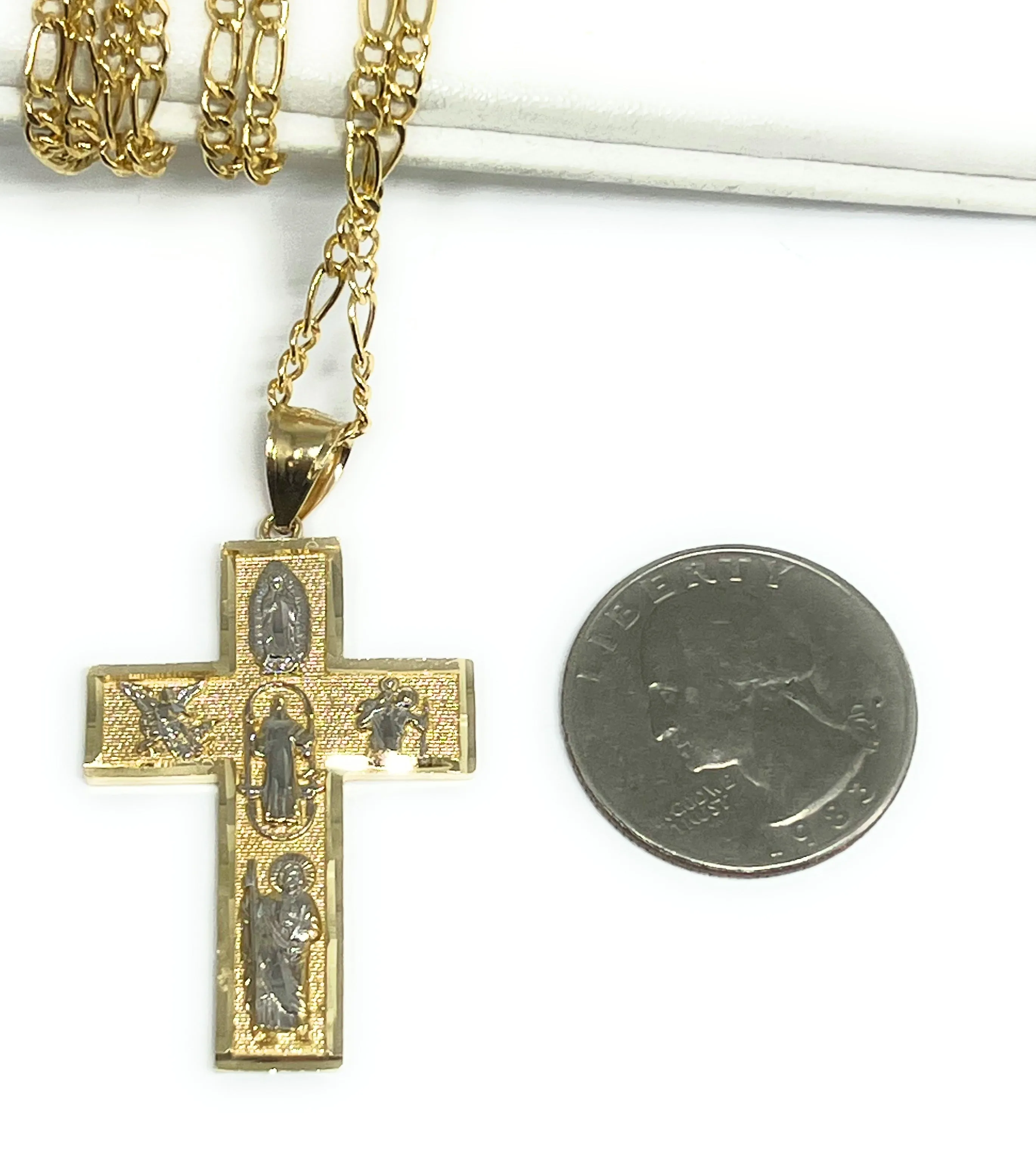 14k Solid Gold 2-Tone 5 Way Pendant Necklace Virrgin Mary, Sann Bennito, St. Michael, Saan Judas, Nino Dios (SM, MED)