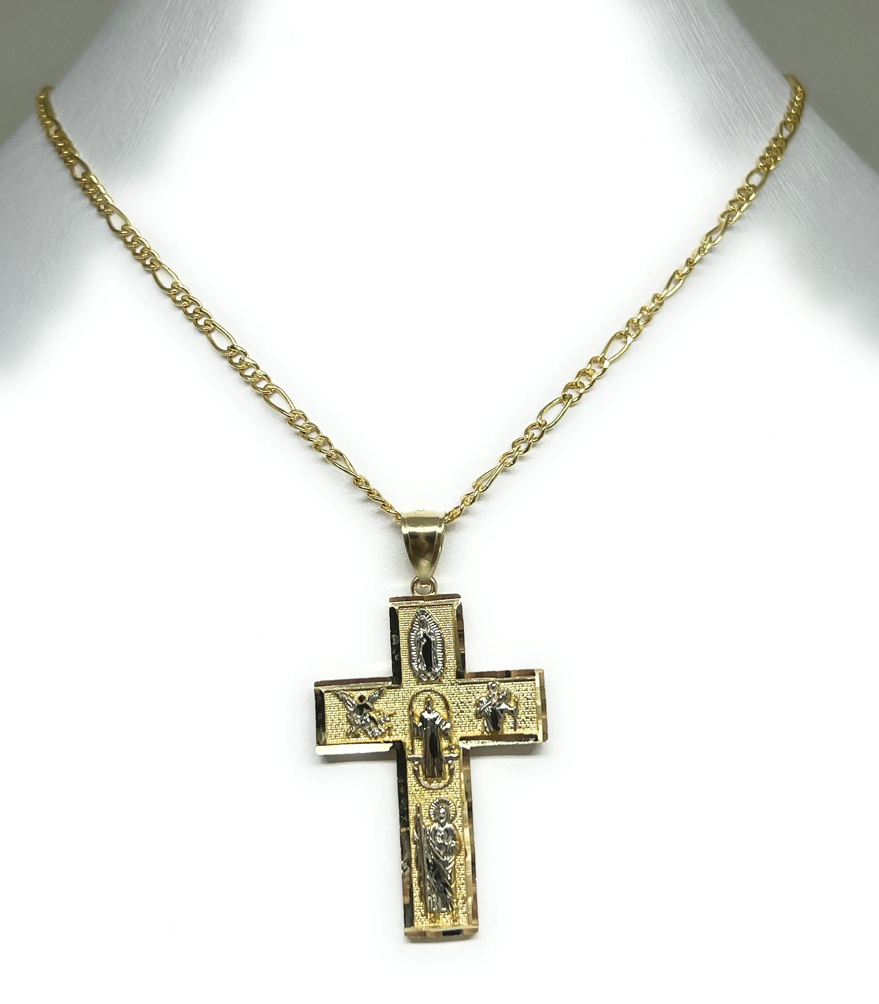 14k Solid Gold 2-Tone 5 Way Pendant Necklace Virrgin Mary, Sann Bennito, St. Michael, Saan Judas, Nino Dios (SM, MED)