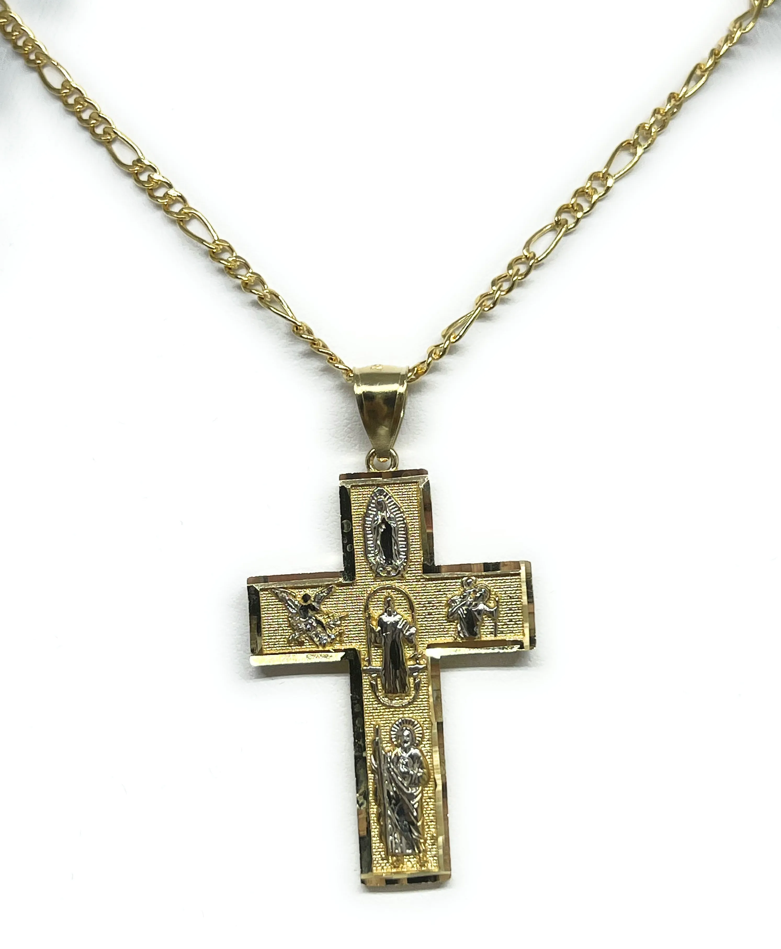 14k Solid Gold 2-Tone 5 Way Pendant Necklace Virrgin Mary, Sann Bennito, St. Michael, Saan Judas, Nino Dios (SM, MED)