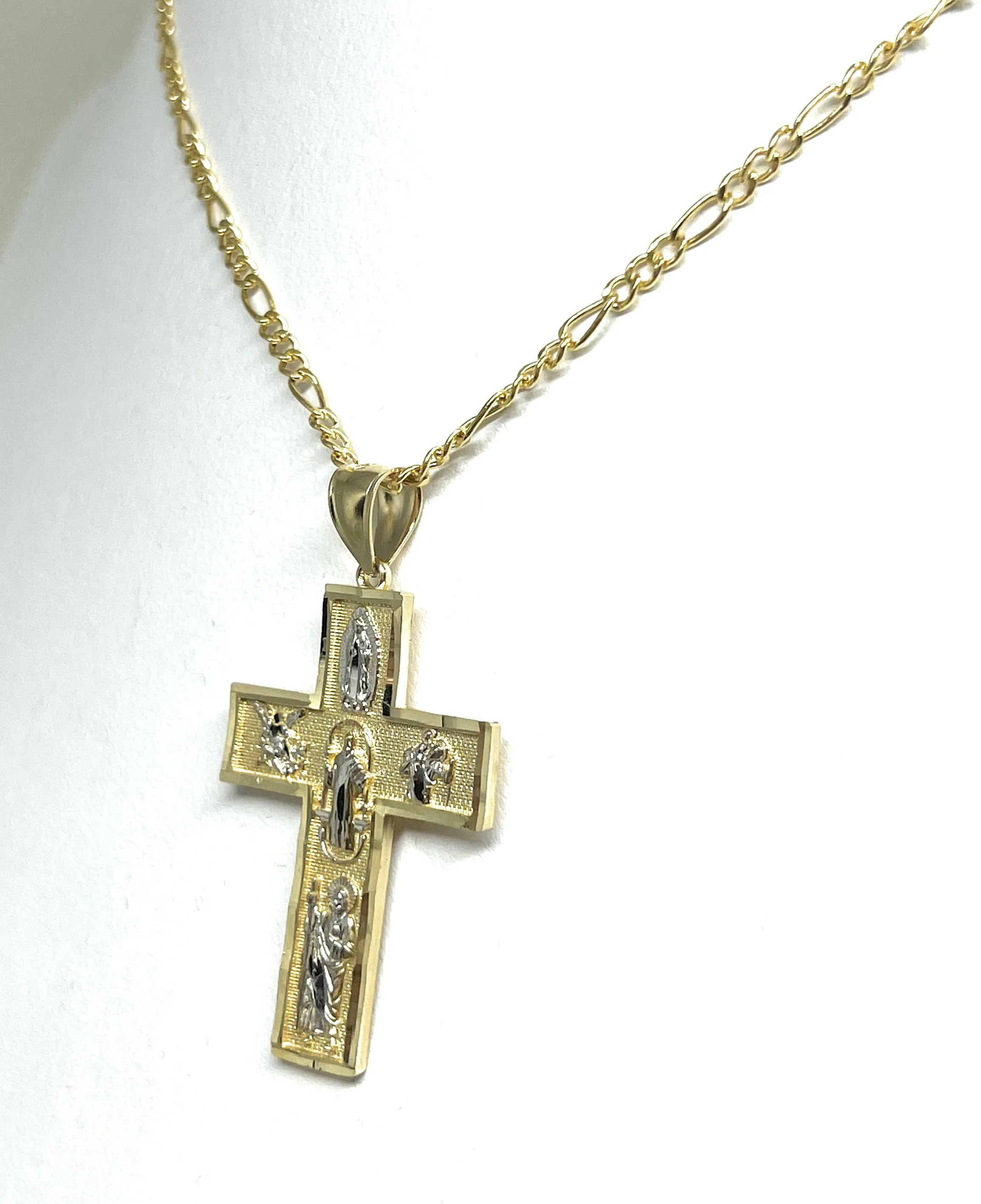 14k Solid Gold 2-Tone 5 Way Pendant Necklace Virrgin Mary, Sann Bennito, St. Michael, Saan Judas, Nino Dios (SM, MED)