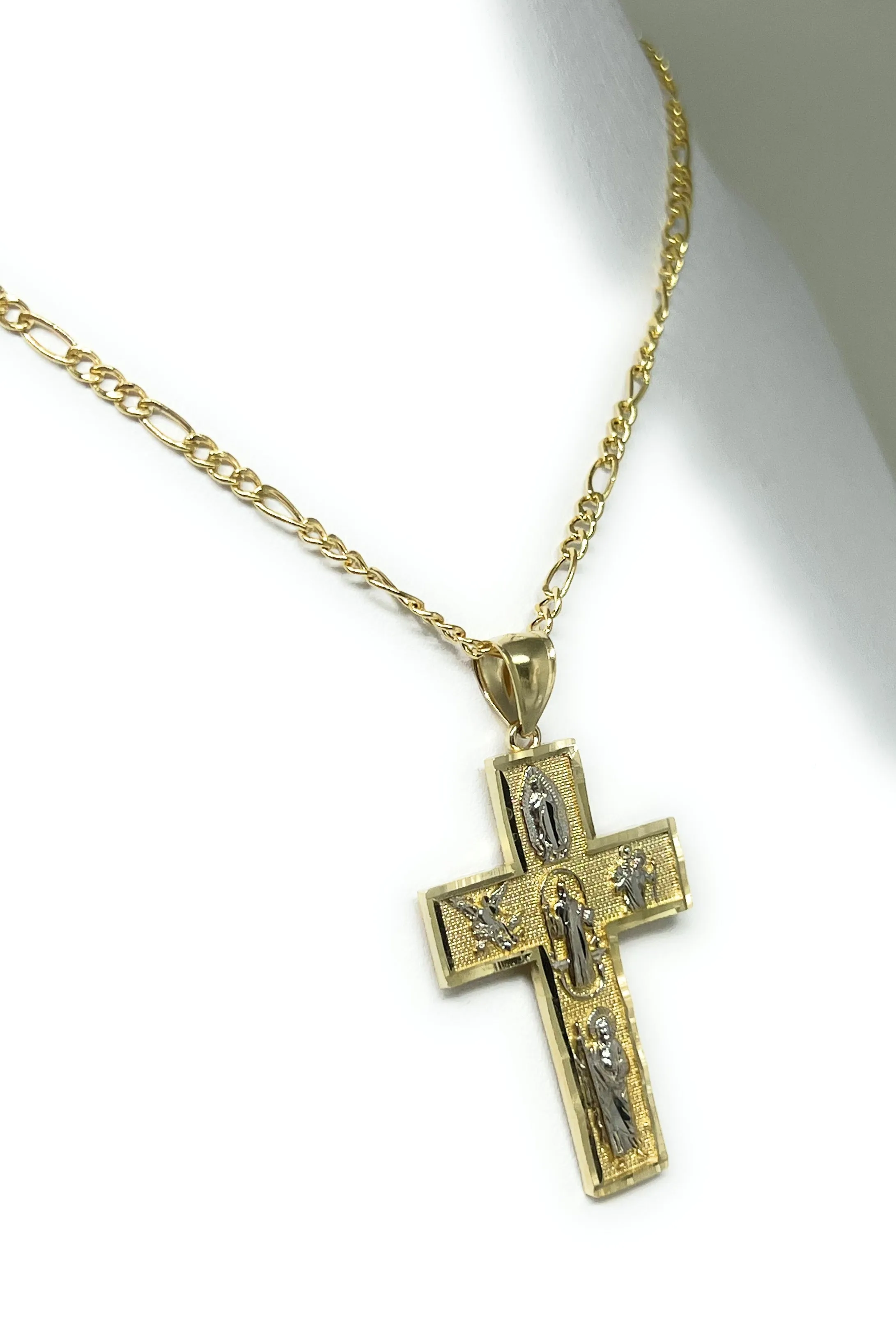 14k Solid Gold 2-Tone 5 Way Pendant Necklace Virrgin Mary, Sann Bennito, St. Michael, Saan Judas, Nino Dios (SM, MED)