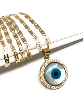 14k Solid Gold EVIL EYE CZ Round Pendant Necklace Valentina Chain (SM, MED)