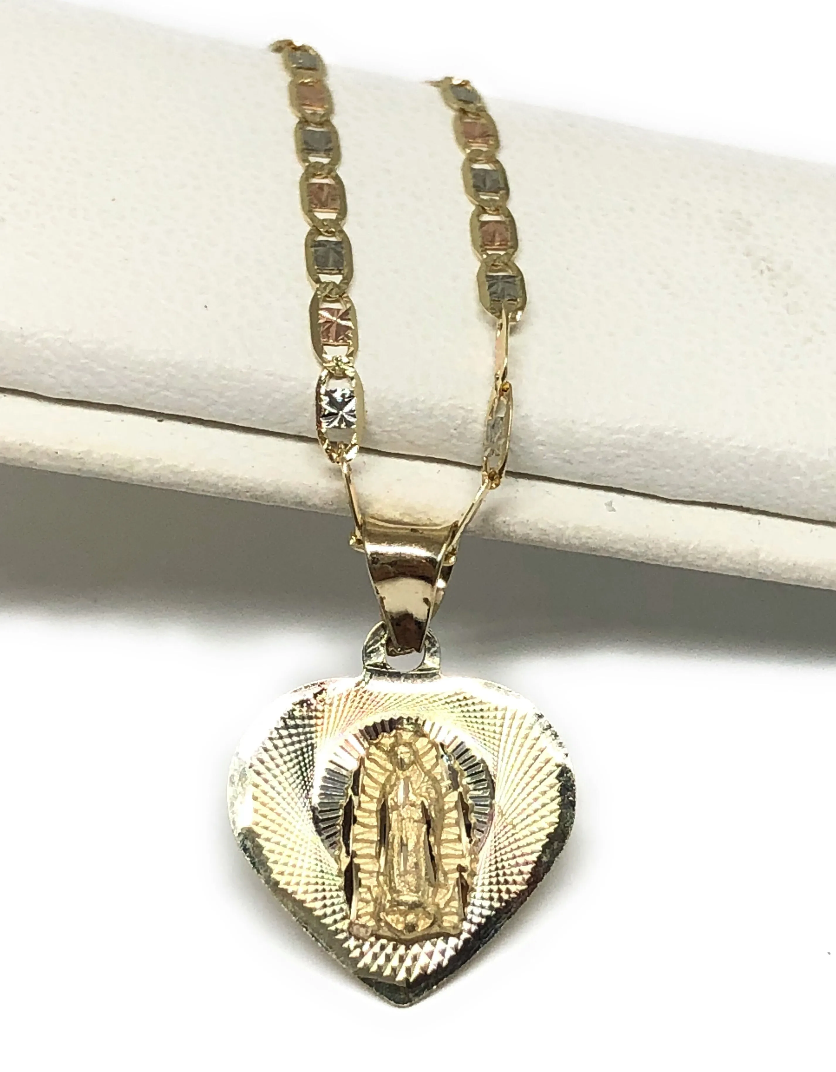 14k Solid Gold Tri-Color Virrgin Mary Heart Pendant Virrgen Guadalupe Valentina Chain (SM, MED)