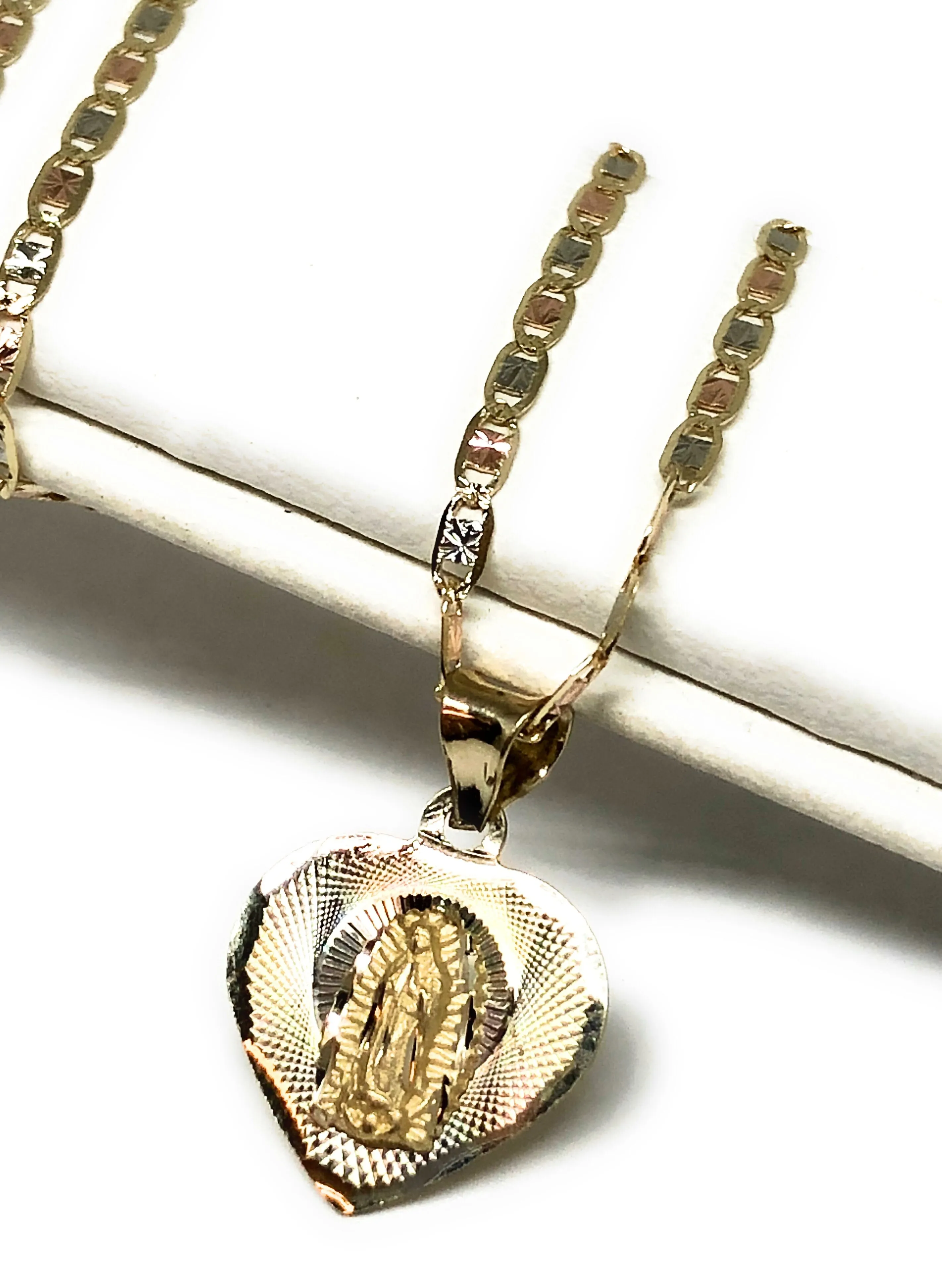 14k Solid Gold Tri-Color Virrgin Mary Heart Pendant Virrgen Guadalupe Valentina Chain (SM, MED)