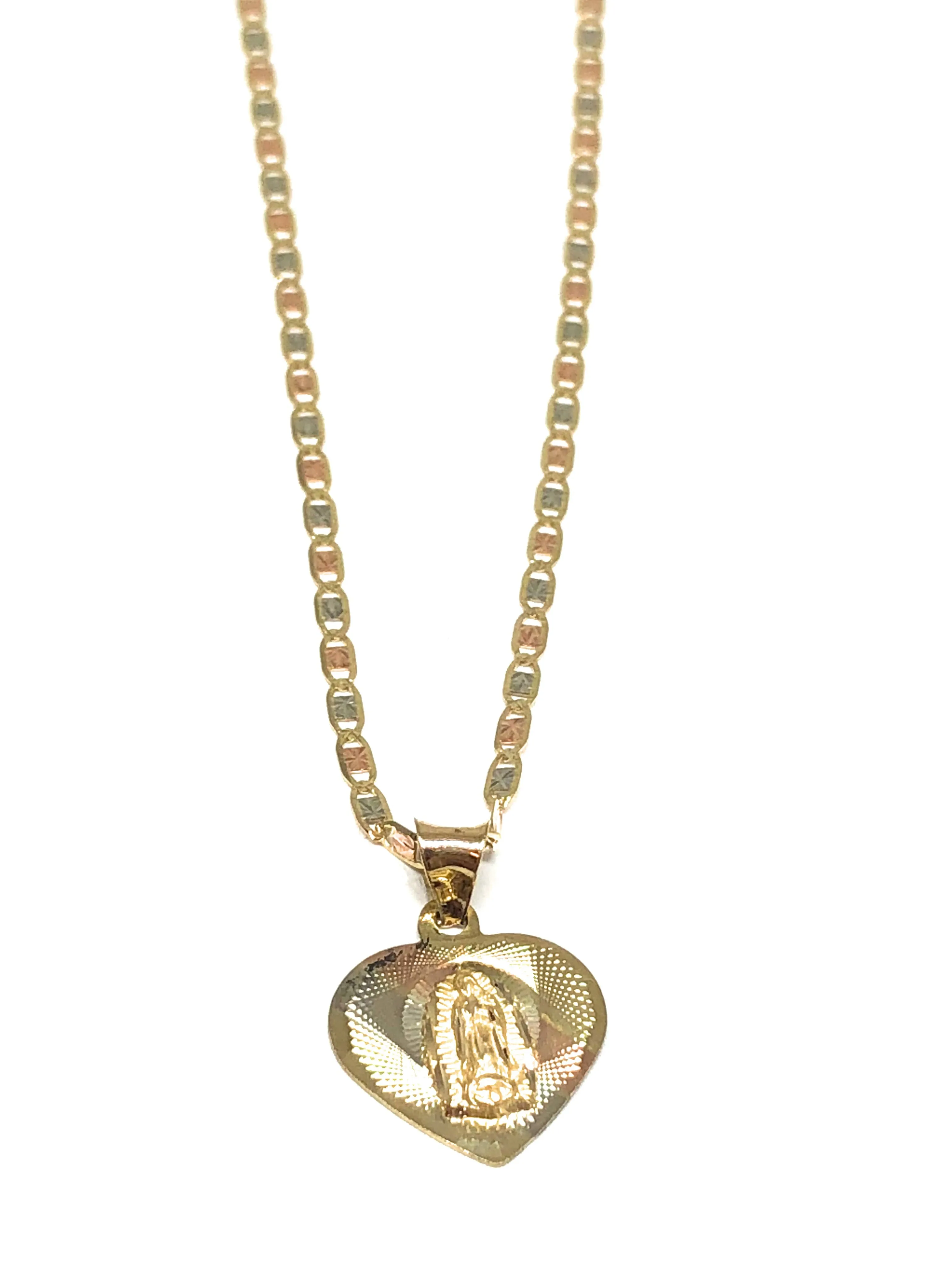 14k Solid Gold Tri-Color Virrgin Mary Heart Pendant Virrgen Guadalupe Valentina Chain (SM, MED)