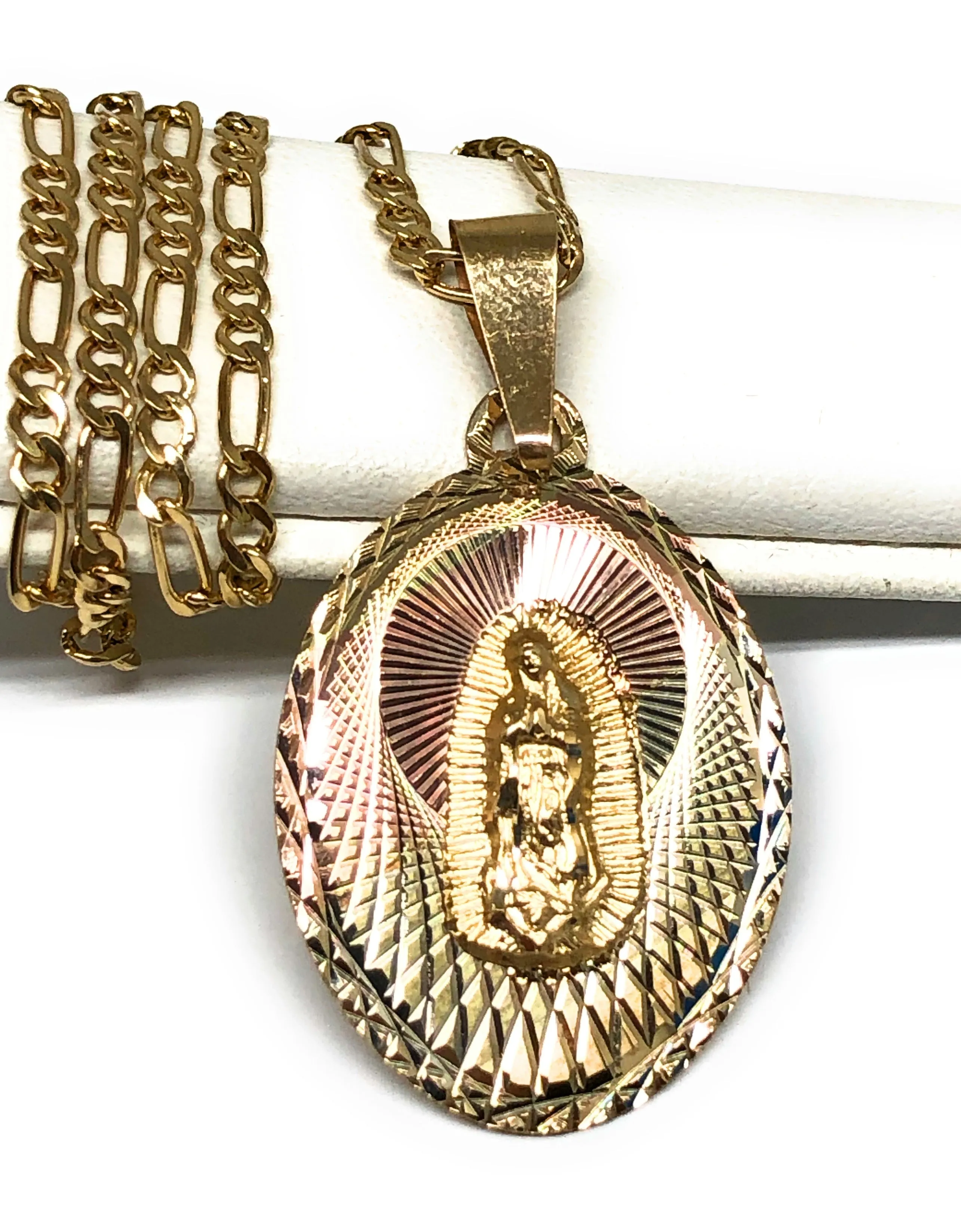 14k Solid Gold Tri-Color Virrgin Mary Oval Pendant Virrgen Guadalupe Figaro Chain (SM,MED,LG)