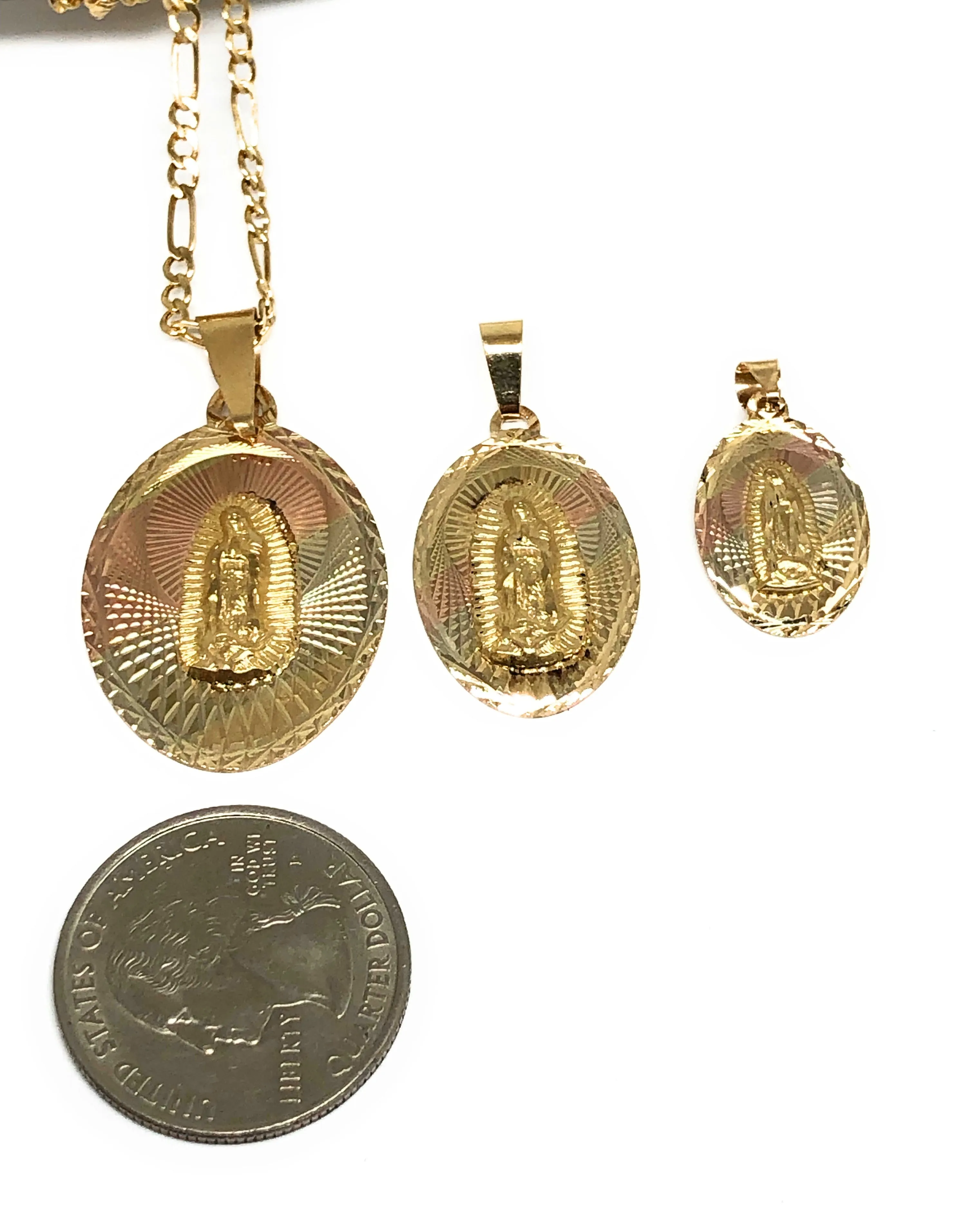 14k Solid Gold Tri-Color Virrgin Mary Oval Pendant Virrgen Guadalupe Figaro Chain (SM,MED,LG)