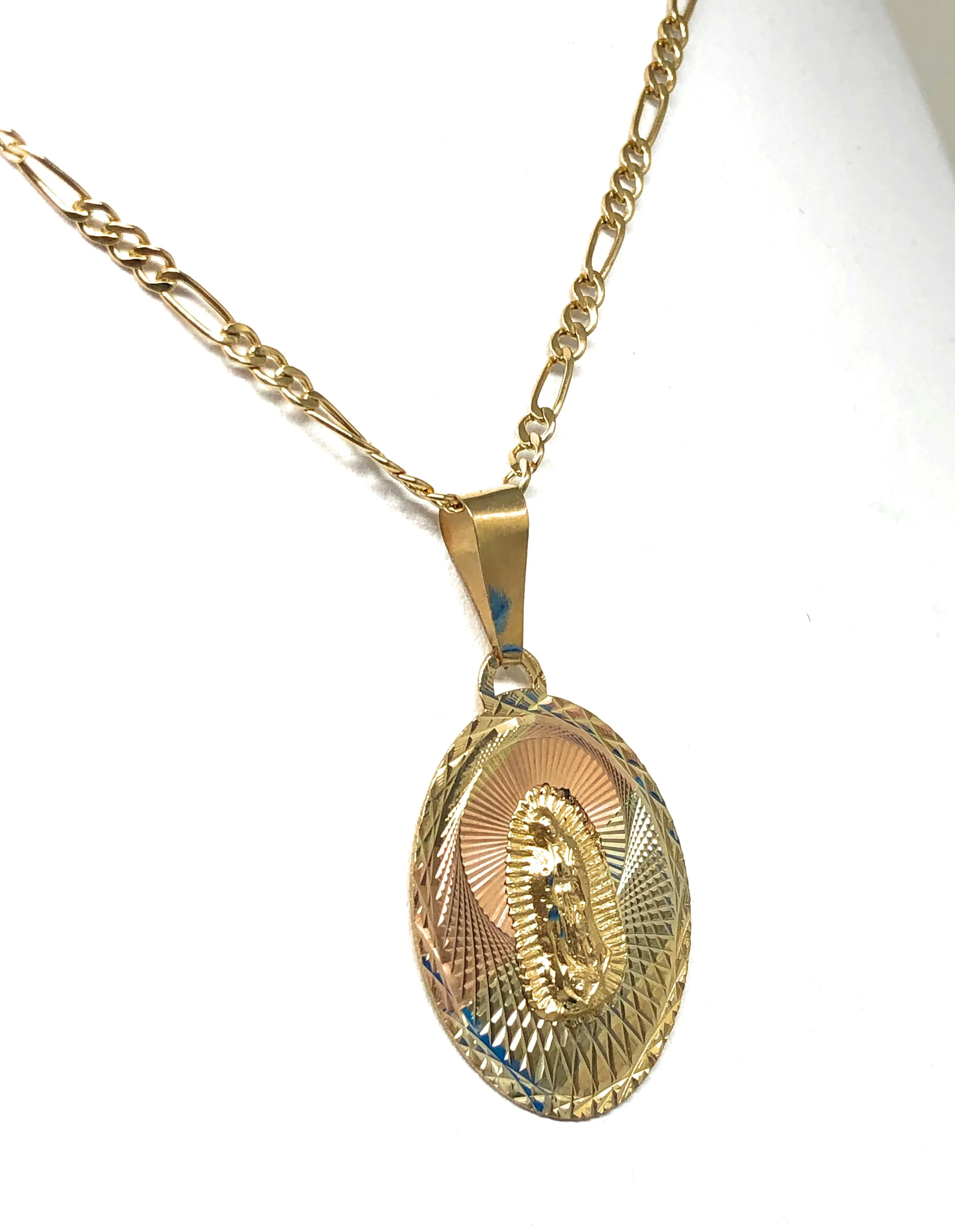 14k Solid Gold Tri-Color Virrgin Mary Oval Pendant Virrgen Guadalupe Figaro Chain (SM,MED,LG)