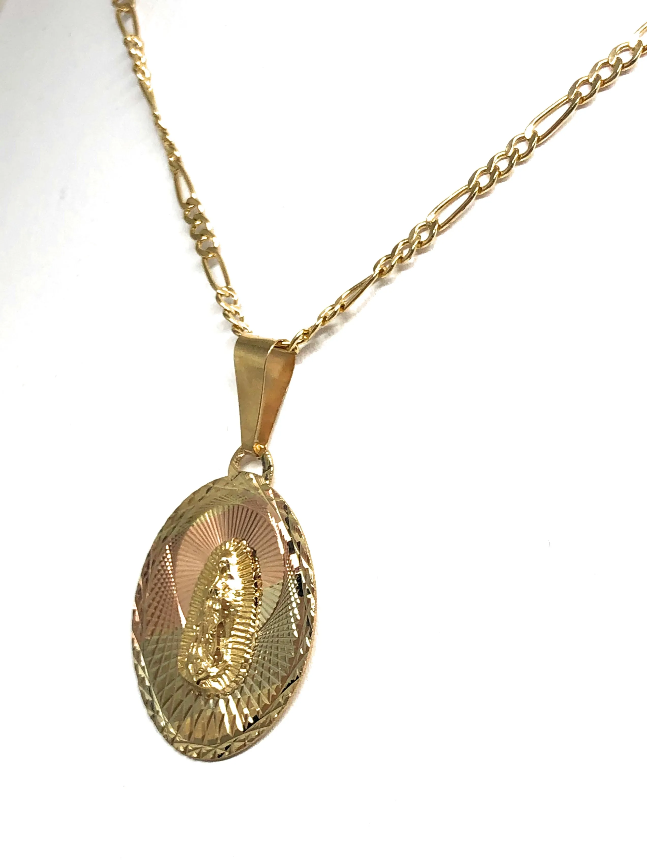 14k Solid Gold Tri-Color Virrgin Mary Oval Pendant Virrgen Guadalupe Figaro Chain (SM,MED,LG)