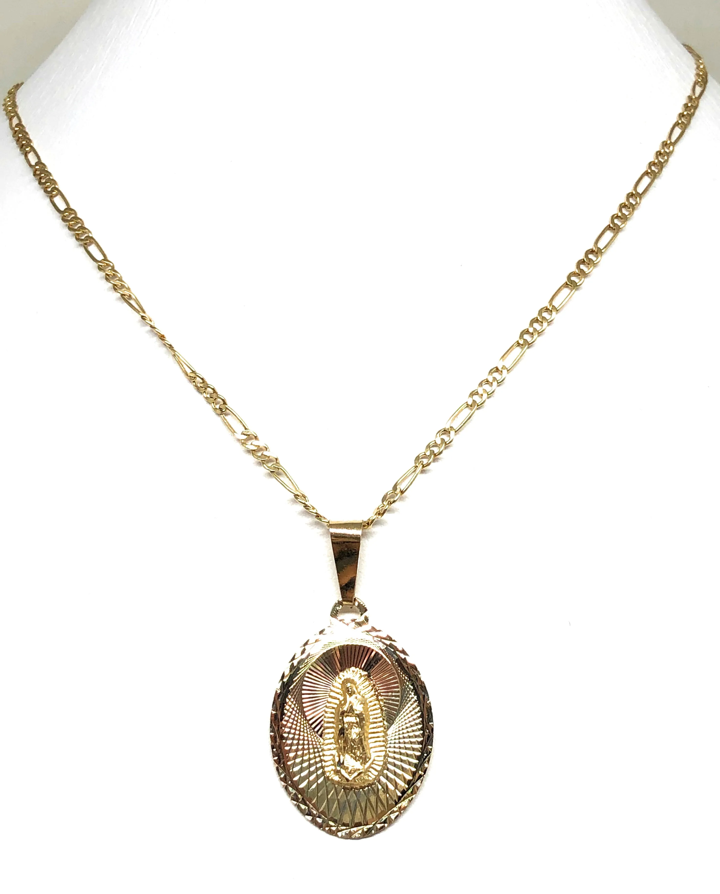 14k Solid Gold Tri-Color Virrgin Mary Oval Pendant Virrgen Guadalupe Figaro Chain (SM,MED,LG)