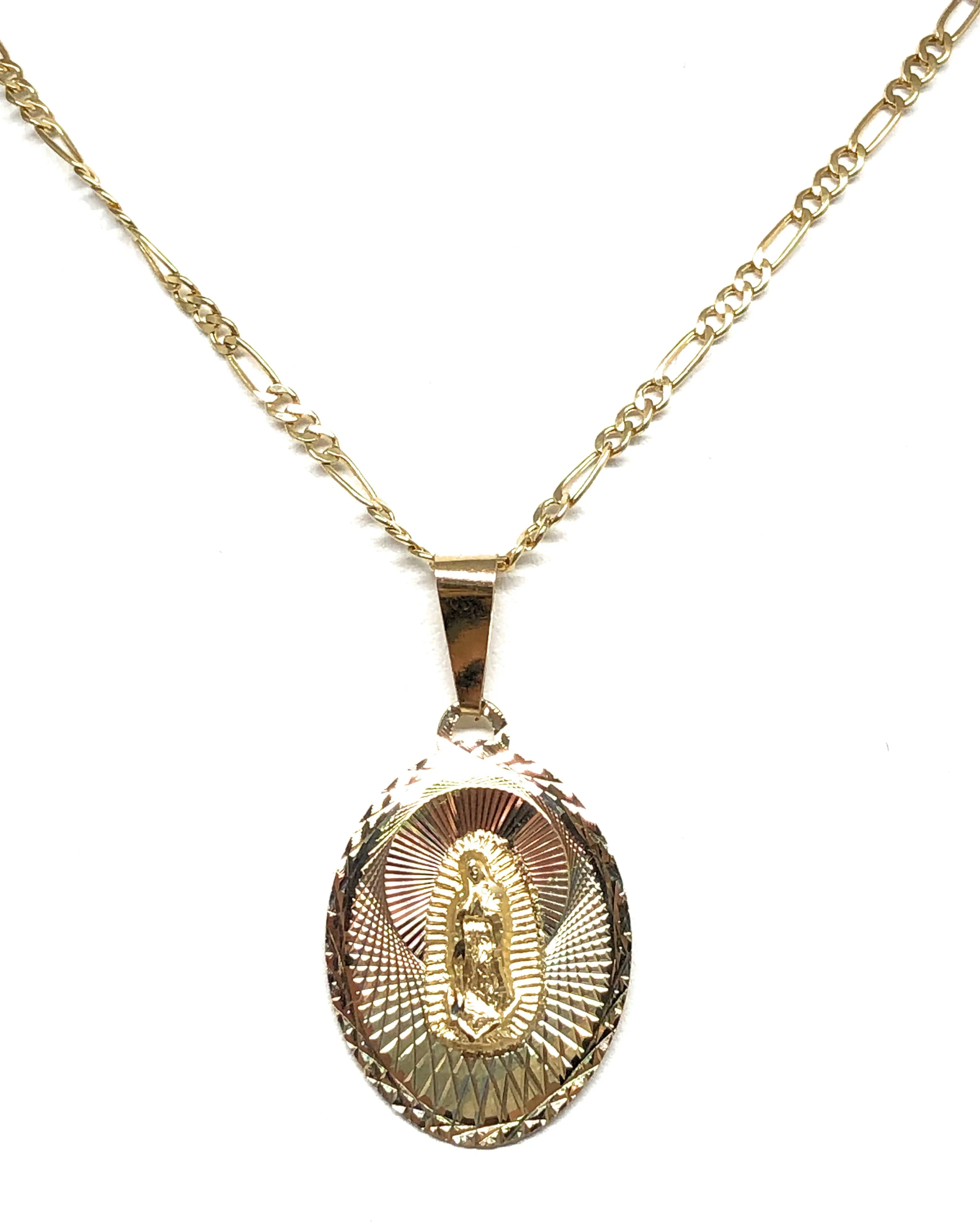 14k Solid Gold Tri-Color Virrgin Mary Oval Pendant Virrgen Guadalupe Figaro Chain (SM,MED,LG)