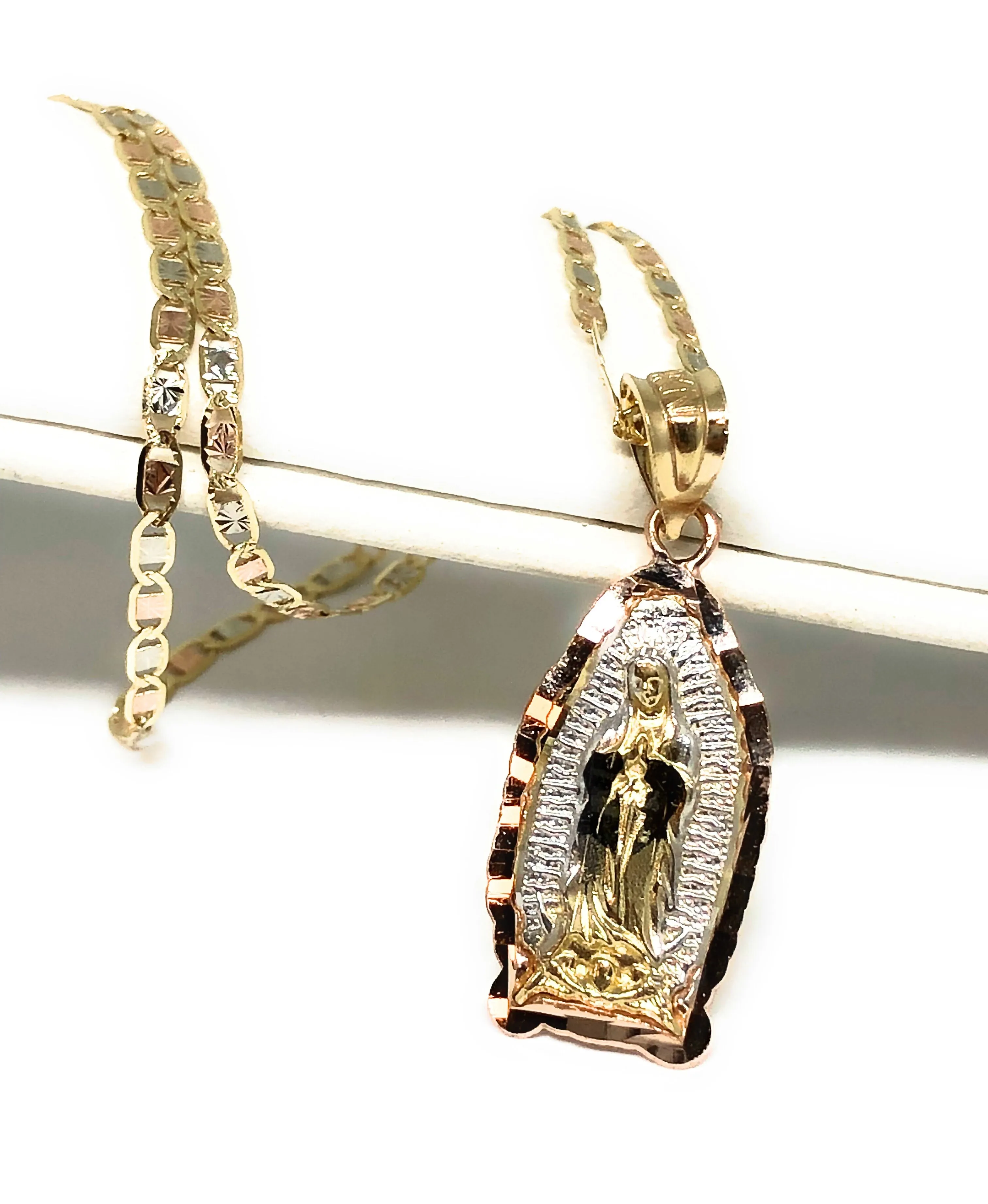 14k Solid Gold Tri-Color Virrgin Mary Pendant Virrgen Guadalupe Tri-Color Valentina Chain (SM,MED,LG)