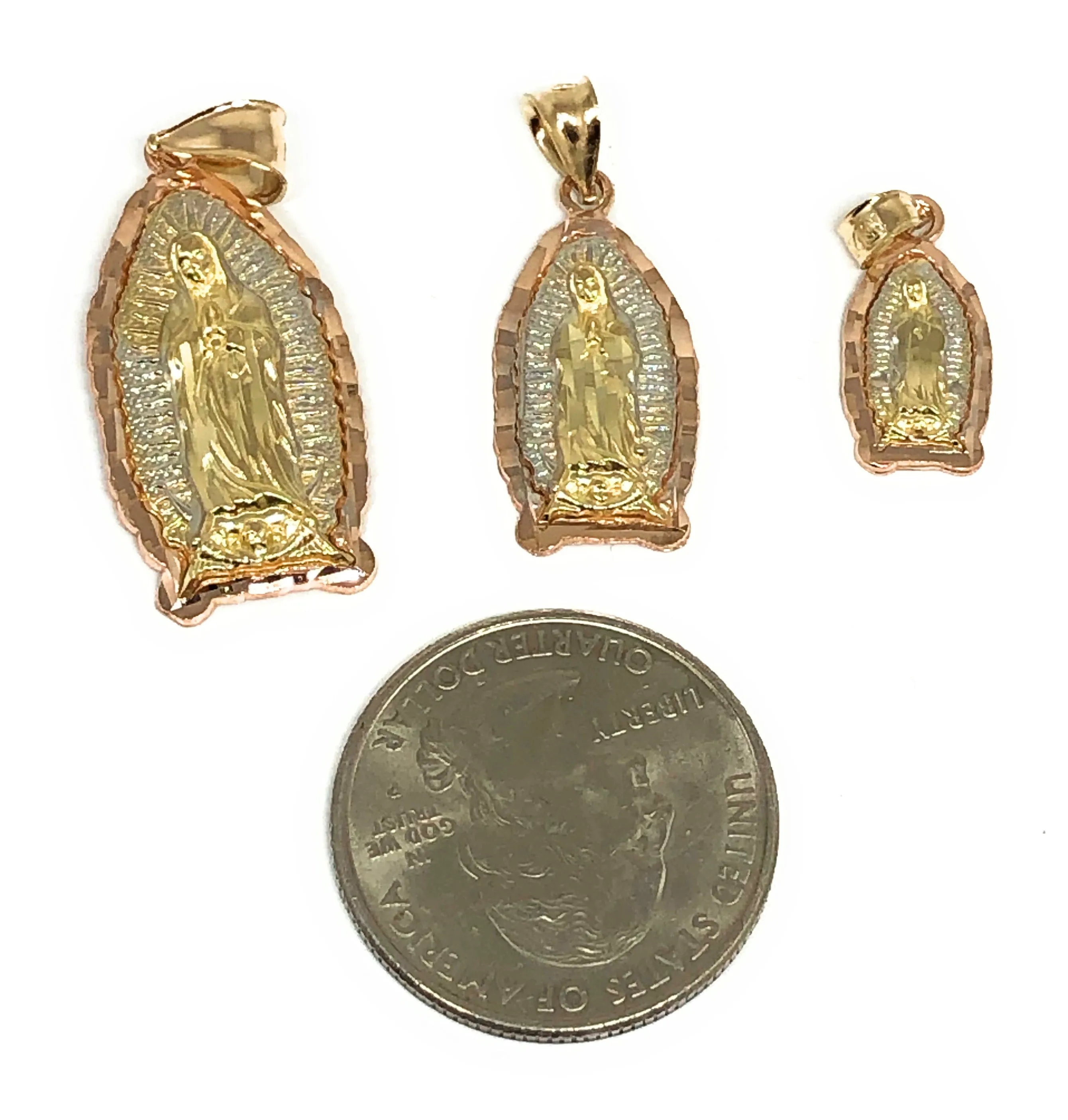 14k Solid Gold Tri-Color Virrgin Mary Pendant Virrgen Guadalupe Tri-Color Valentina Chain (SM,MED,LG)