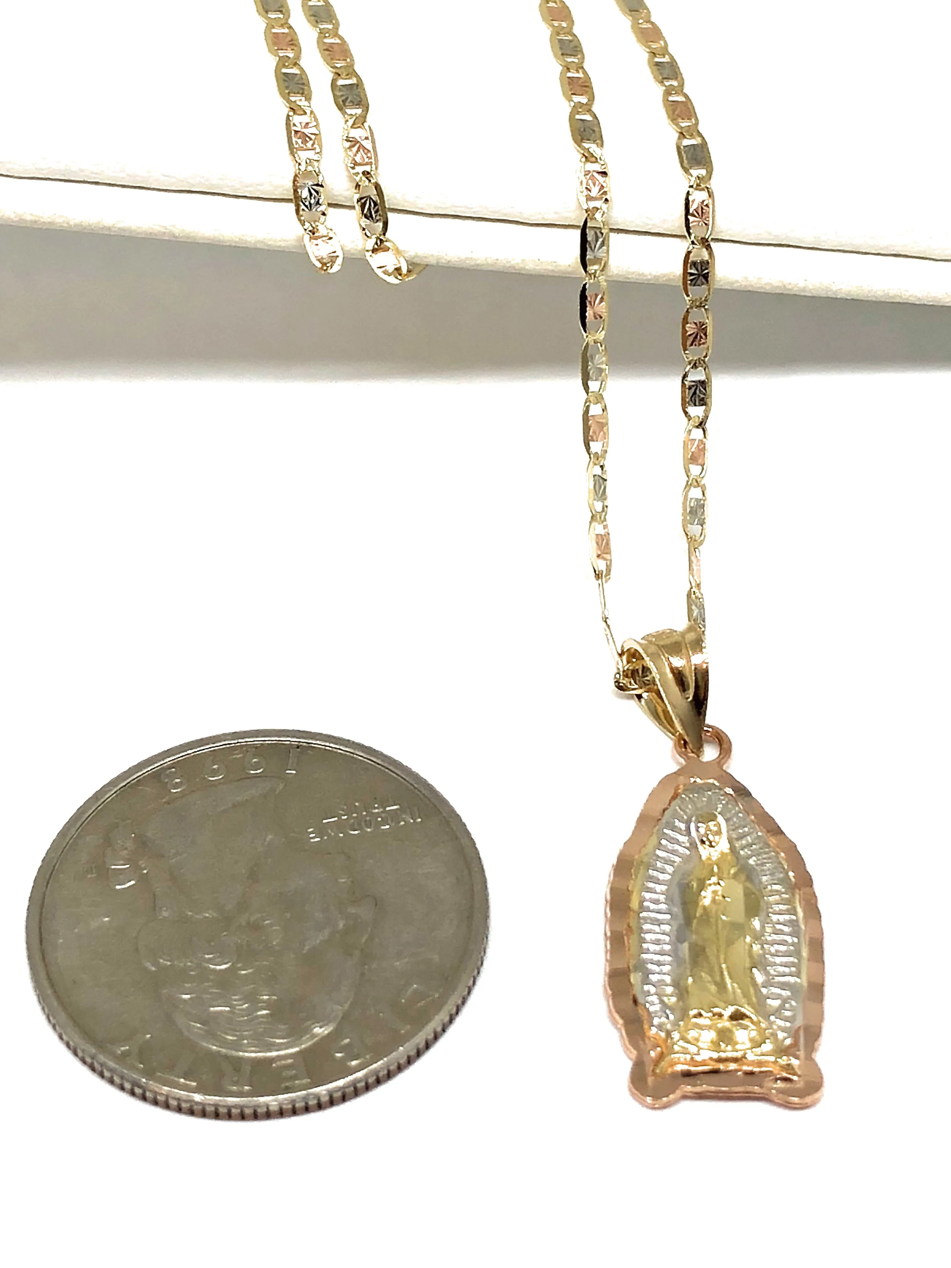 14k Solid Gold Tri-Color Virrgin Mary Pendant Virrgen Guadalupe Tri-Color Valentina Chain (SM,MED,LG)