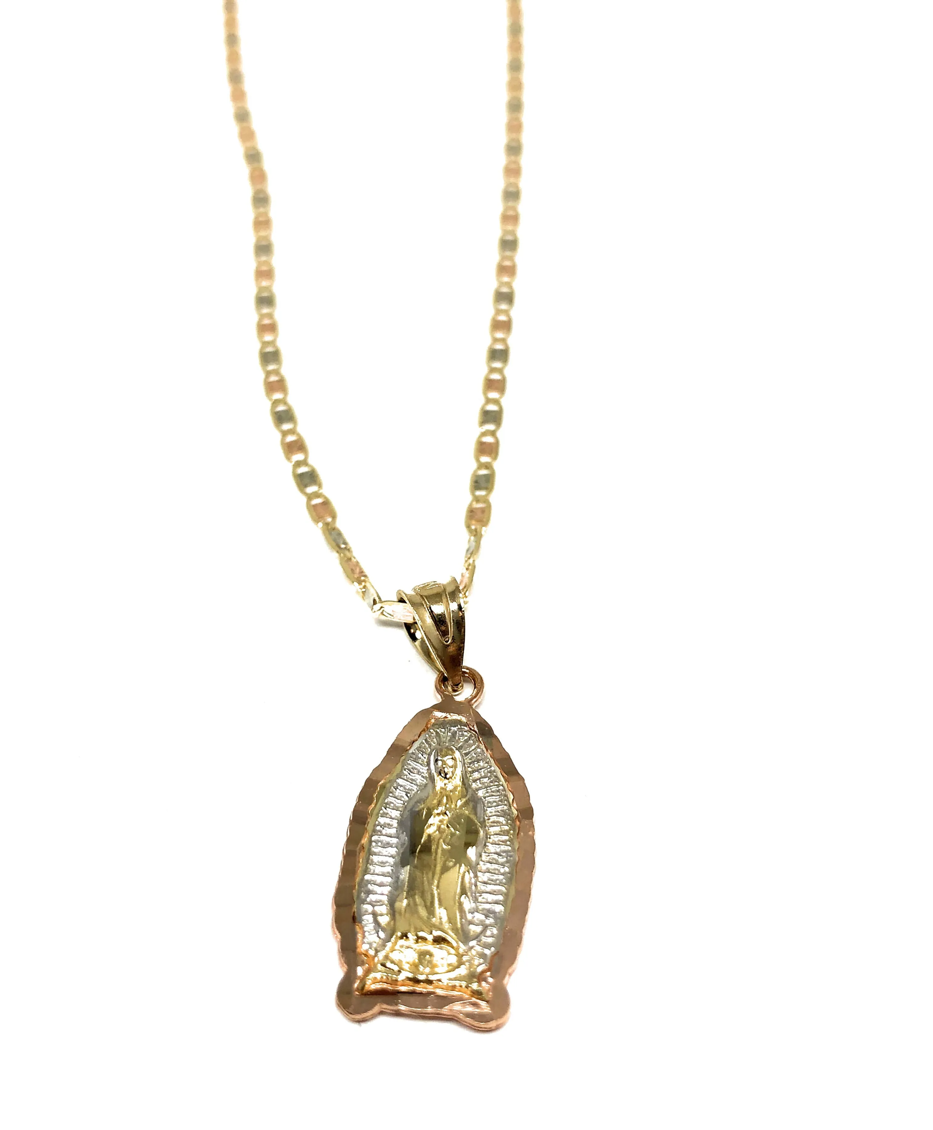 14k Solid Gold Tri-Color Virrgin Mary Pendant Virrgen Guadalupe Tri-Color Valentina Chain (SM,MED,LG)