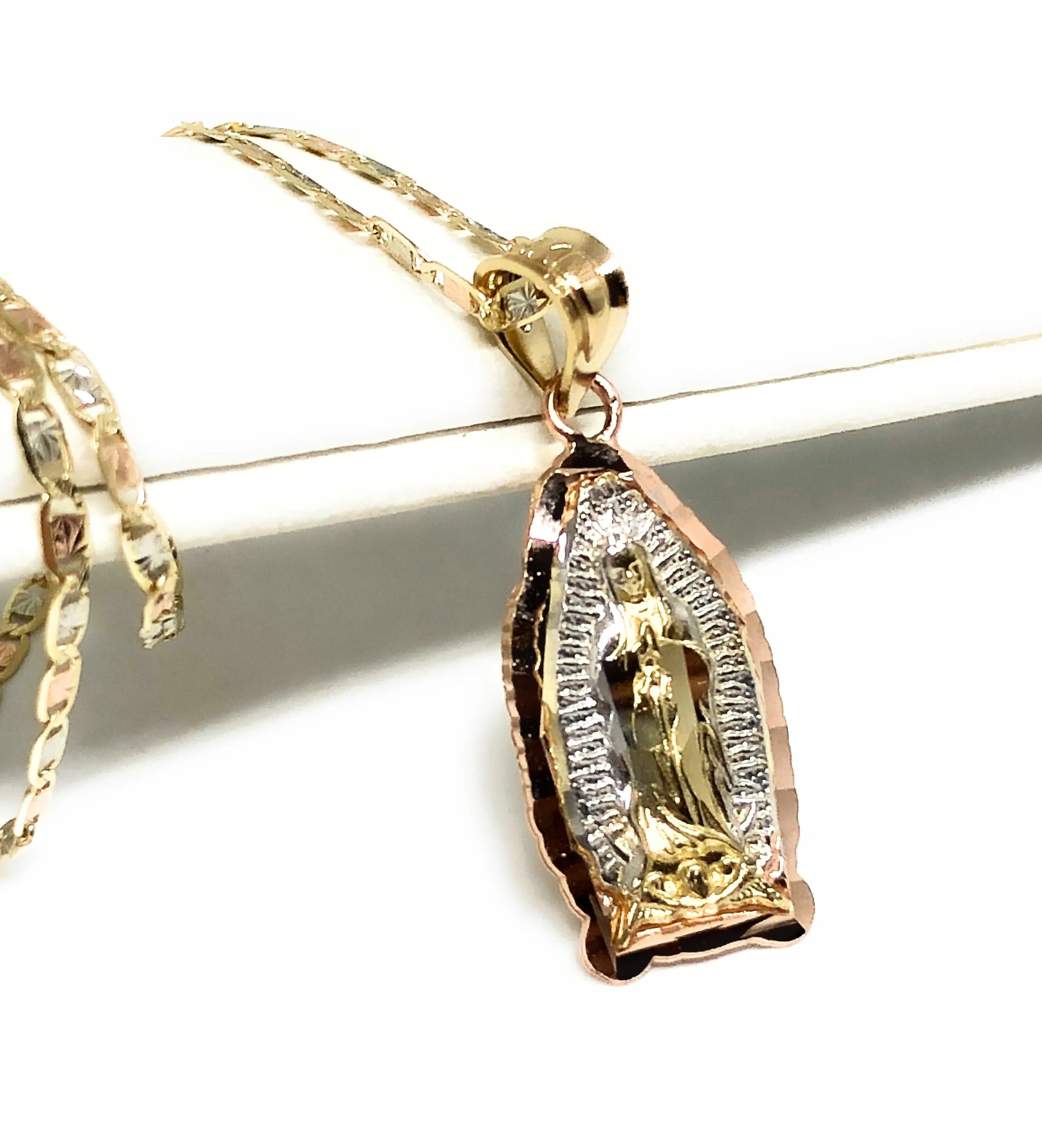 14k Solid Gold Tri-Color Virrgin Mary Pendant Virrgen Guadalupe Tri-Color Valentina Chain (SM,MED,LG)